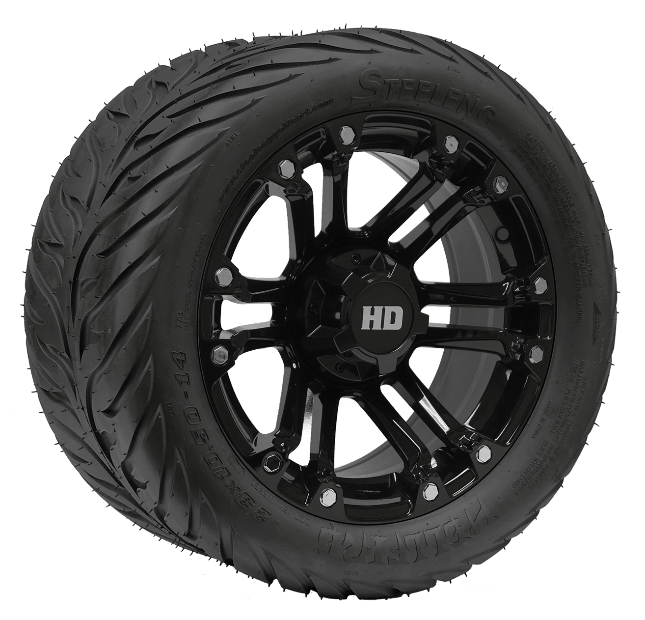 https://dealers.steelenggolfcart.com/wp-content/uploads/2023/12/TR1406-WH1423-SGC-14-Rhino-Glossy-Black-Wheel-Aluminum-Alloy-STEELENG-23x10.5-14-HELLFIRE-Street-Tire-DOT-Approved.png