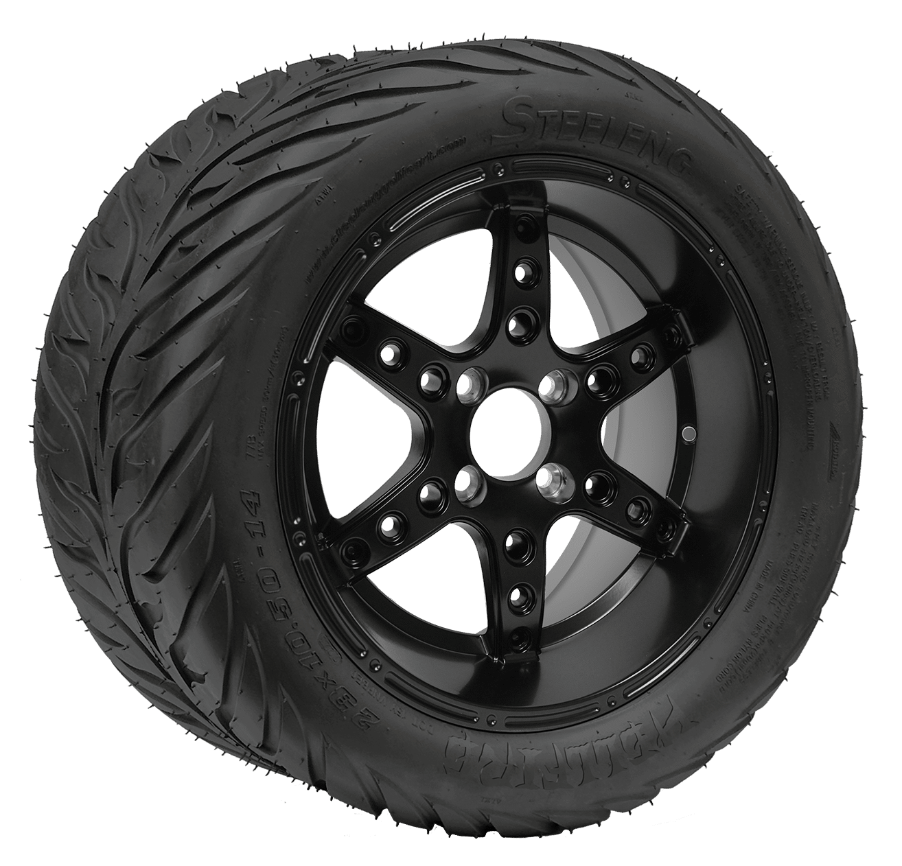 https://dealers.steelenggolfcart.com/wp-content/uploads/2023/12/TR1406-WH1412-SGC-14-Turbine-Matte-Black-Wheel-Aluminum-Alloy-STEELENG-23x10.5-14-HELLFIRE-Street-Tire-DOT-Approved.png