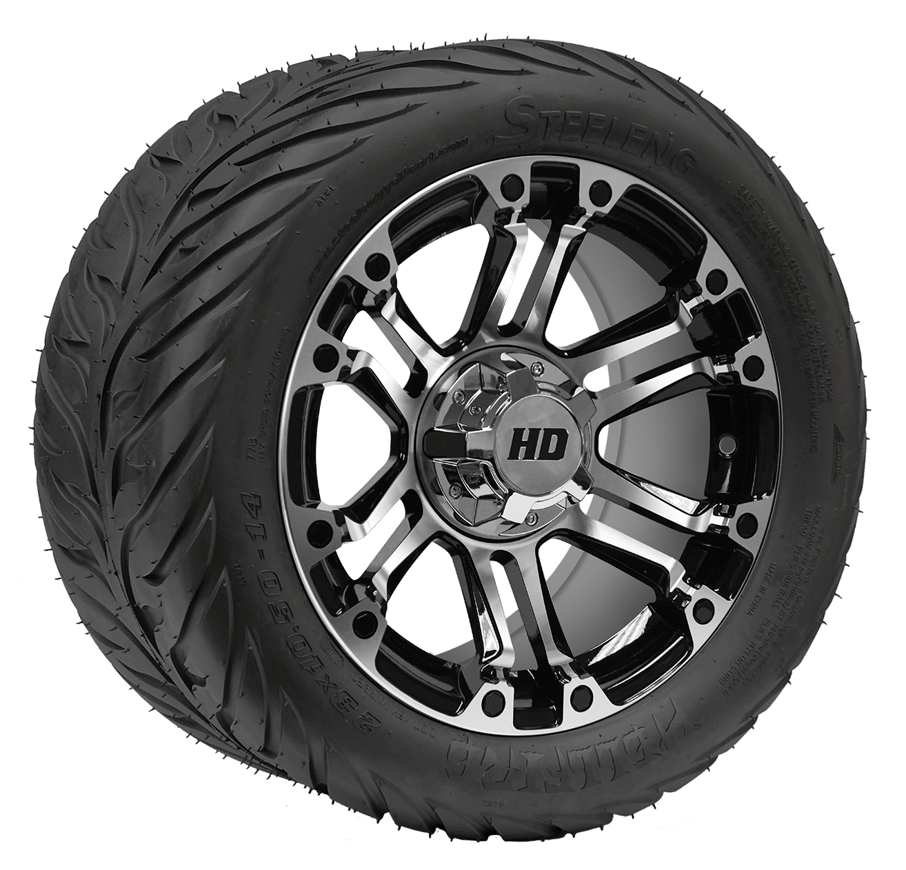 https://dealers.steelenggolfcart.com/wp-content/uploads/2023/12/TR1406-WH1422-SGC-14-Rhino-Machined-Black-Wheel-Aluminum-Alloy-STEELENG-23x10.5-14-HELLFIRE-Street-Tire-DOT-Approved.png