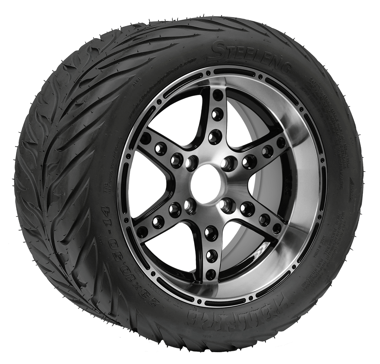 https://dealers.steelenggolfcart.com/wp-content/uploads/2023/12/TR1406-WH1428-SGC-14-Turbine-Machined-Black-Wheel-Aluminum-Ally-STEELENG-23x10.5-14-HELLFIRE-Street-Tire-DOT-Approved.png