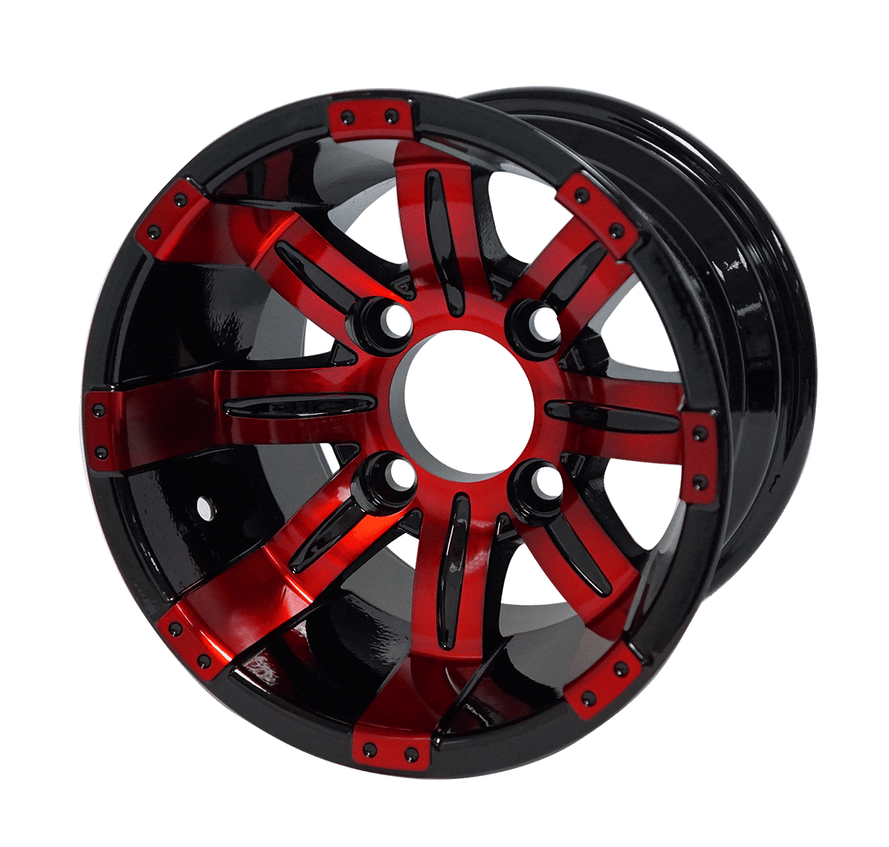 BNDL-TR1216-WH1235-LN0002-CC0005 – SGC 12″ Tempest Red/Black Wheel – Aluminum Alloy / STEELENG 20″x10″-12″ Ironclad Hybrid AT Tire