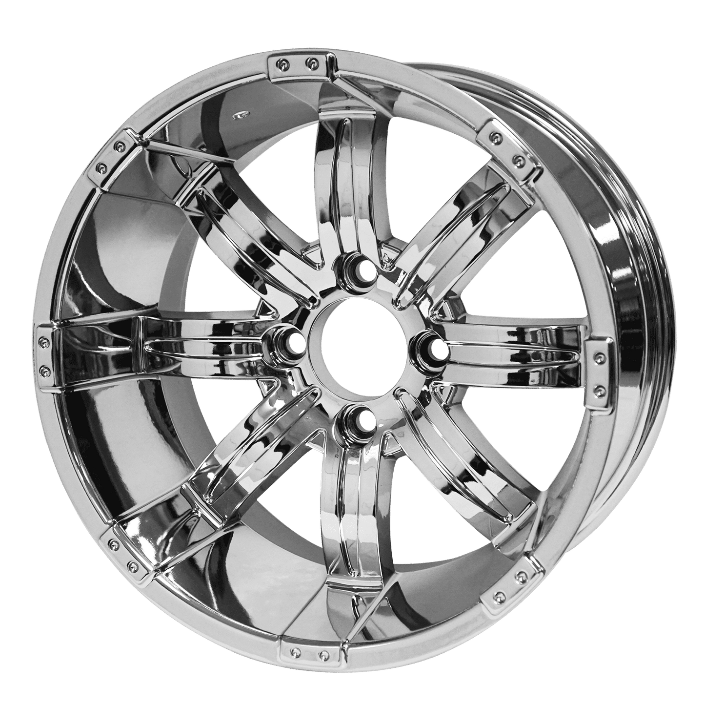 BNDL-TR1408-WH1415-LN0001-CC0001 – SGC 14″ Vampire Chrome Wheel – Aluminum Alloy / STEELENG 23″x10″-14″ Ironclad Hybrid AT Tire