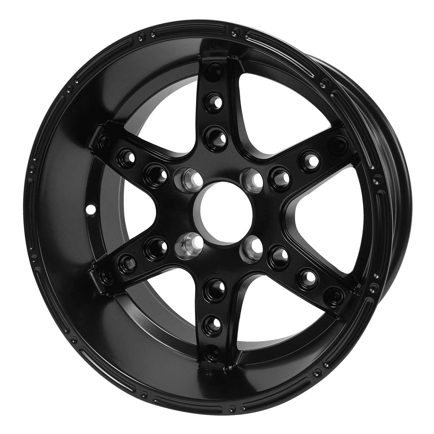 BNDL-TR1407-WH1412-LN0003-CC0003 – SGC 14″ Turbine Matte Black Wheel – Aluminum Alloy / STEELENG 23″x10.5″-14″ Thunder Bolt Hybrid Tire