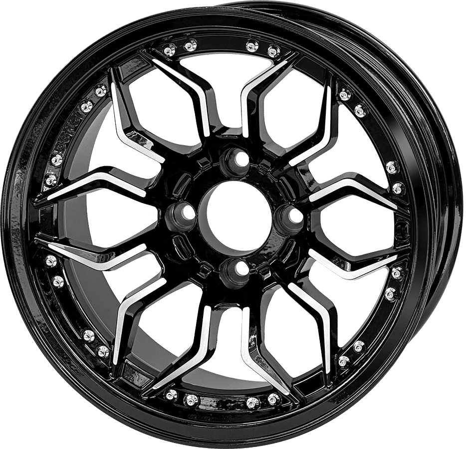 BNDL-TR1408-WH1443-LN0001-CC0025 – SGC 14″ Scorpion Machined Black Wheel – Aluminum Alloy / STEELENG 23”x10.5”-14” Ironclad Hybrid AT Tire