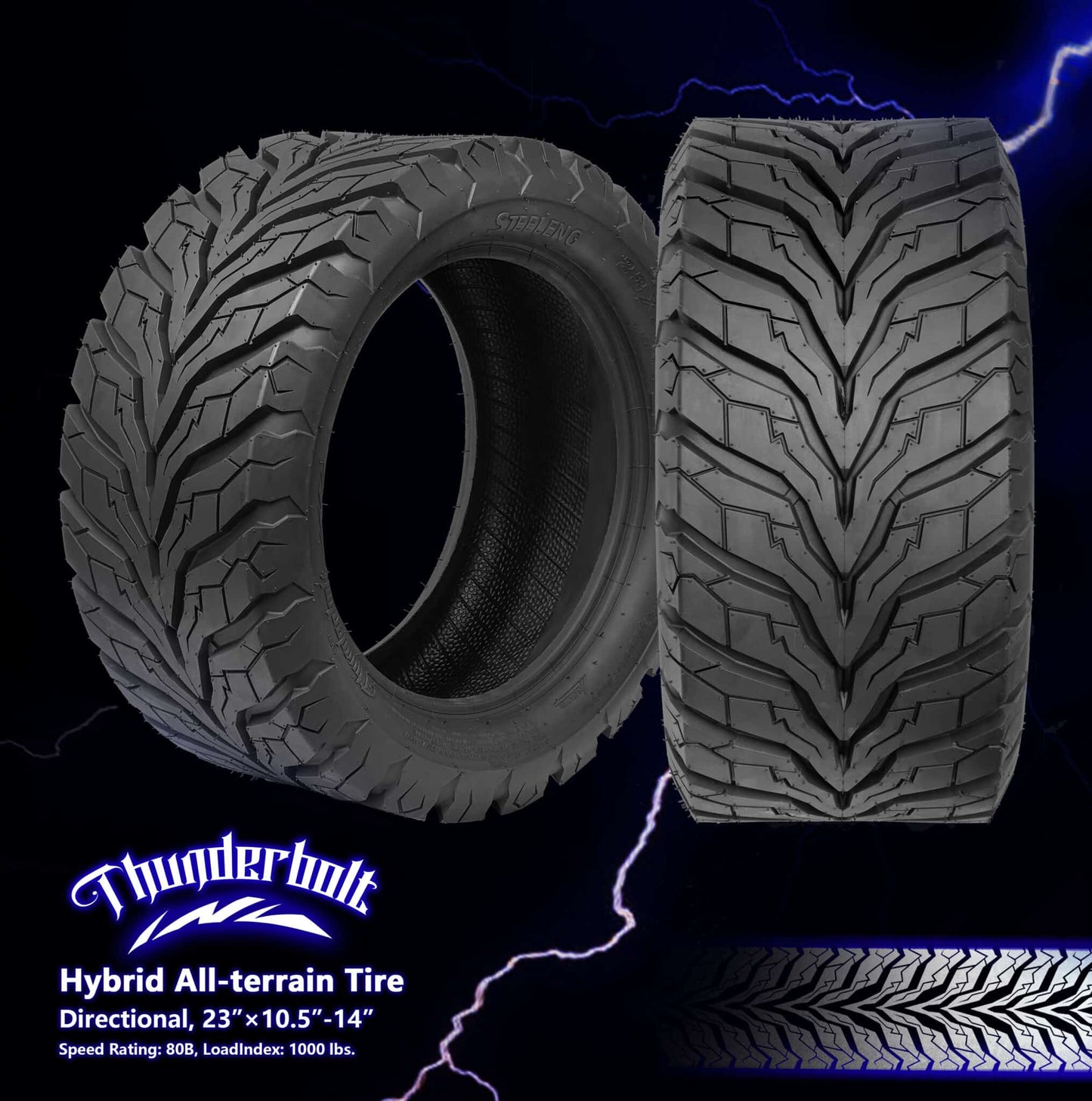 BNDL-TR1407-WH1414-LN0002-CC0002 – SGC 14" Vampire Glossy Black Wheel – Aluminum Alloy / STEELENG 23"x10.5"-14" Thunder Bolt Hybrid Tire
