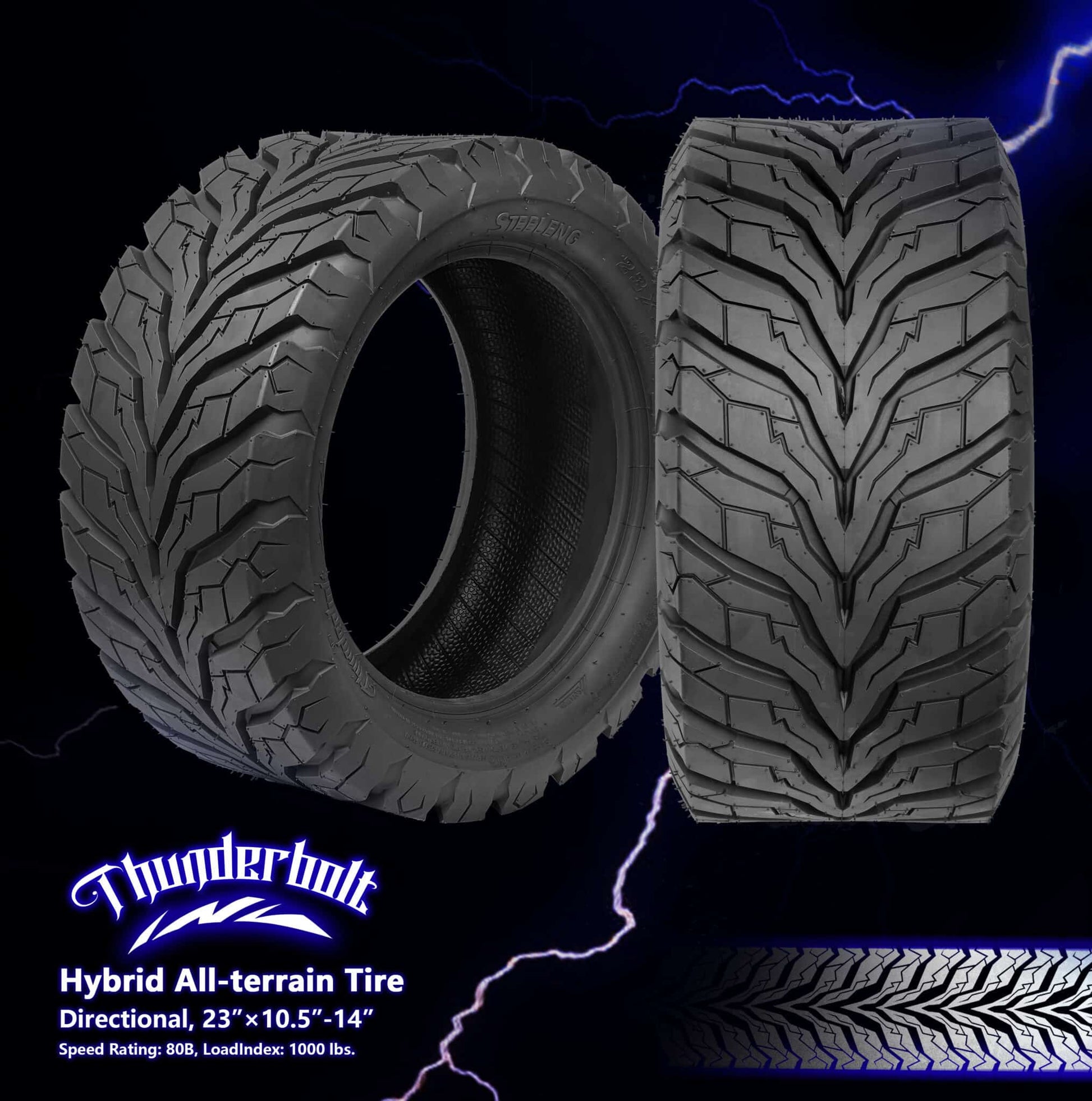 BNDL-TR1407-WH1420-LN0002-CC0002 – SGC 14″ Venom Glossy Black Wheel – Aluminum Alloy / STEELENG 23″x10.5″-14″ Thunder Bolt Hybrid Tire