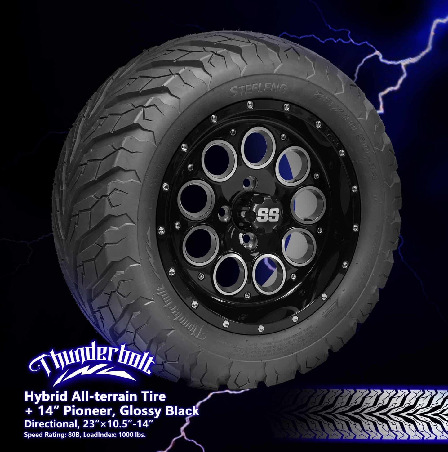 BNDL-TR1407-WH1404-LN0005-CC0002 – SGC 14″ Pioneer Glossy Black Wheel – Aluminum Alloy / STEELENG 23″x10.5″-14″ Thunder Bolt Hybrid Tire