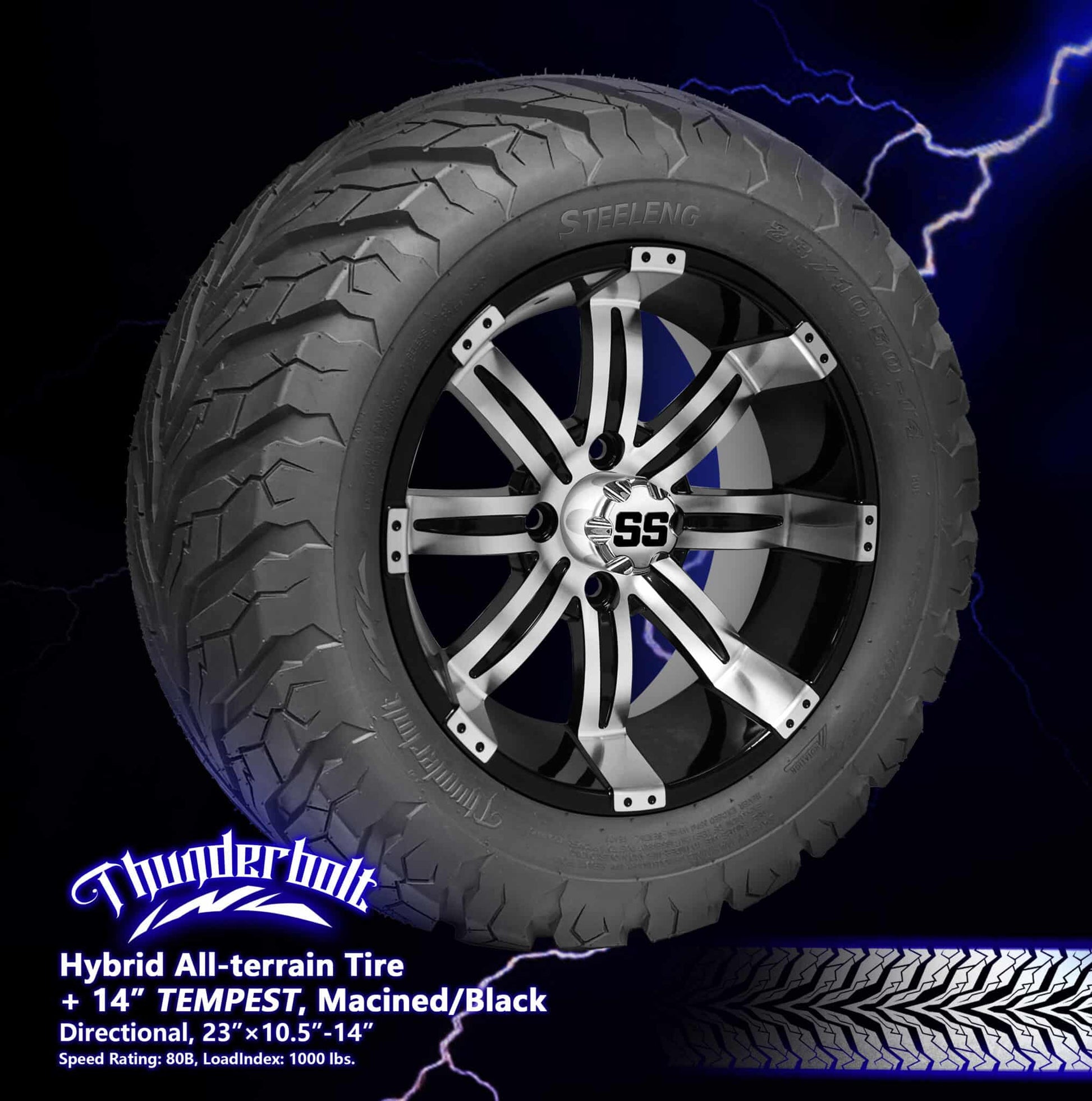 BNDL-TR1407-WH1406-LN0004-CC0001 – SGC 14" Tempest Machined/Black Wheel – Aluminum Alloy / STEELENG 23"x10.5"-14" Thunder Bolt Hybrid Tire
