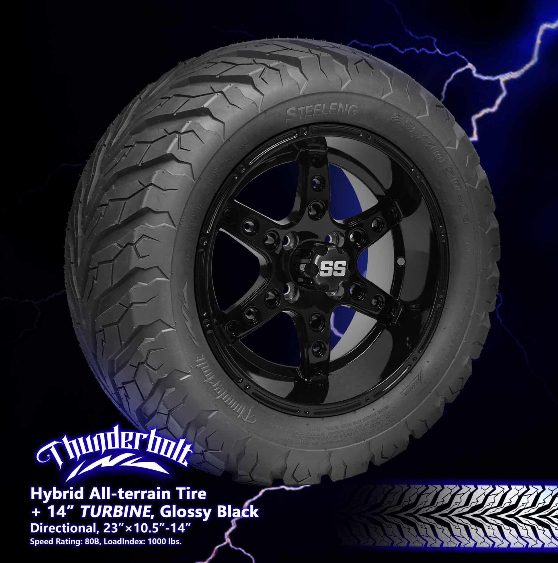 BNDL-TR1407-WH1411-LN0002-CC0002 – SGC 14" Turbine Glossy Black Wheel – Aluminum Alloy / STEELENG 23"x10.5"-14" Thunder Bolt Hybrid Tire