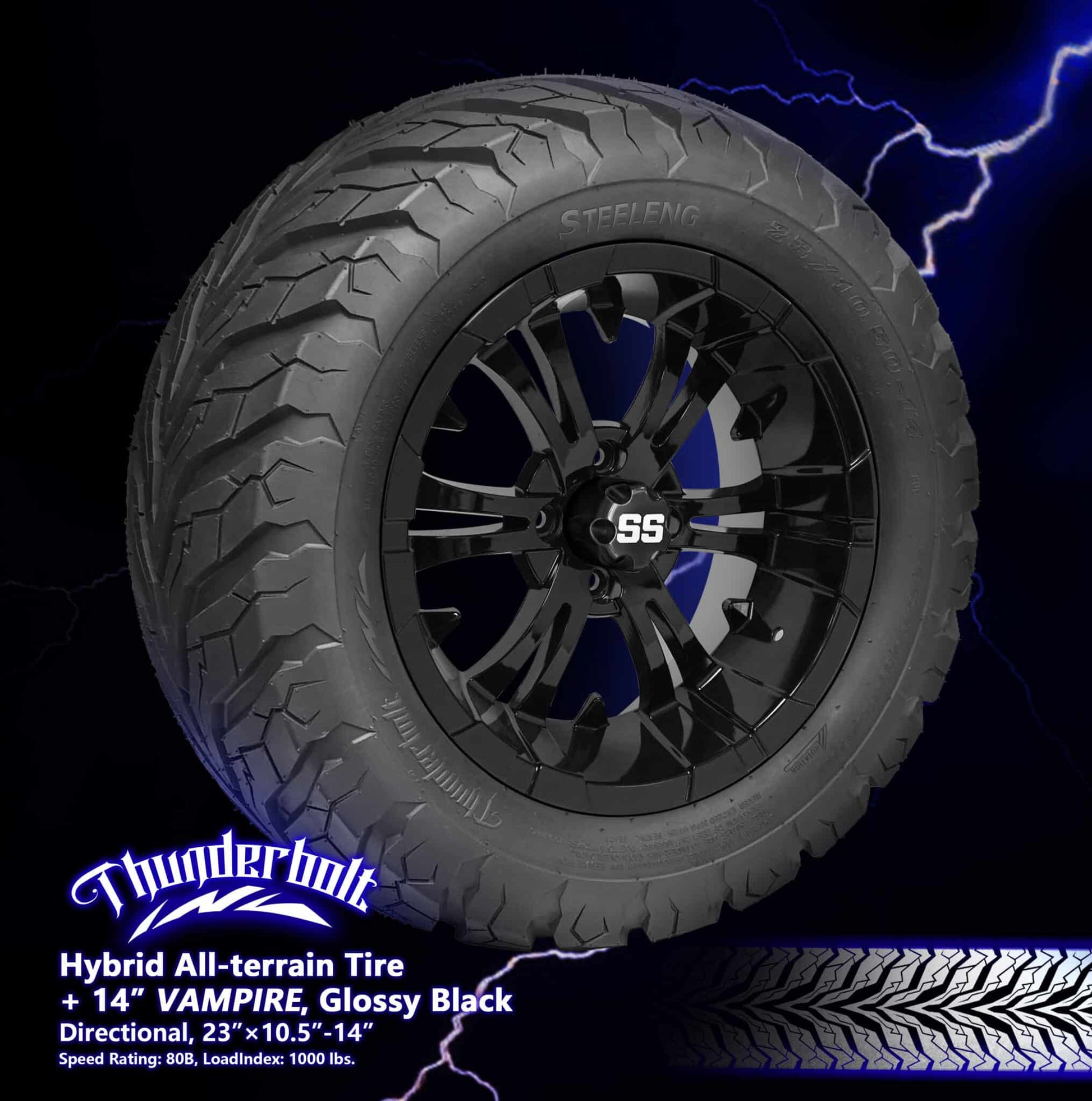 BNDL-TR1407-WH1414-LN0005-CC0002 – SGC 14″ Vampire Glossy Black Wheel – Aluminum Alloy / STEELENG 23″x10.5″-14″ Thunder Bolt Hybrid Tire