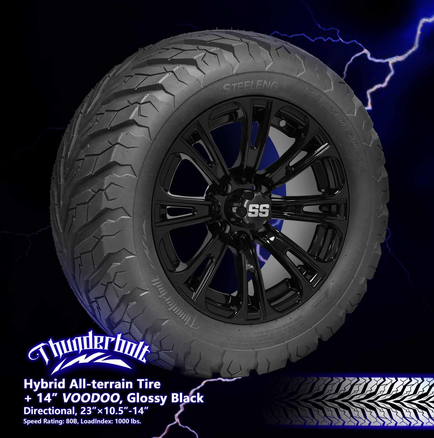 BNDL-TR1407-WH1421-LN0005-CC0002 – SGC 14″ Voodoo Glossy Black Wheel – Aluminum Alloy / STEELENG 23″x10.5″-14″ Thunder Bolt Hybrid Tire