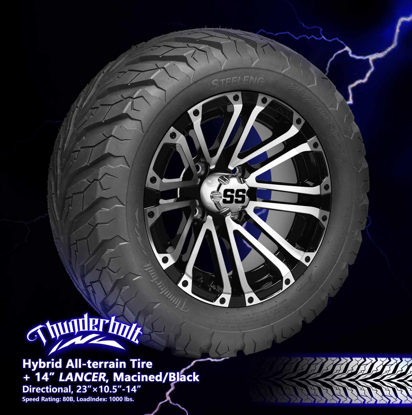 BNDL-TR1407-WH1424-LN0001-CC0001 – SGC 14″ Lancer Machined/Black Wheel – Aluminum Alloy / STEELENG 23″x10.5″-14″ Thunder Bolt Hybrid Tire