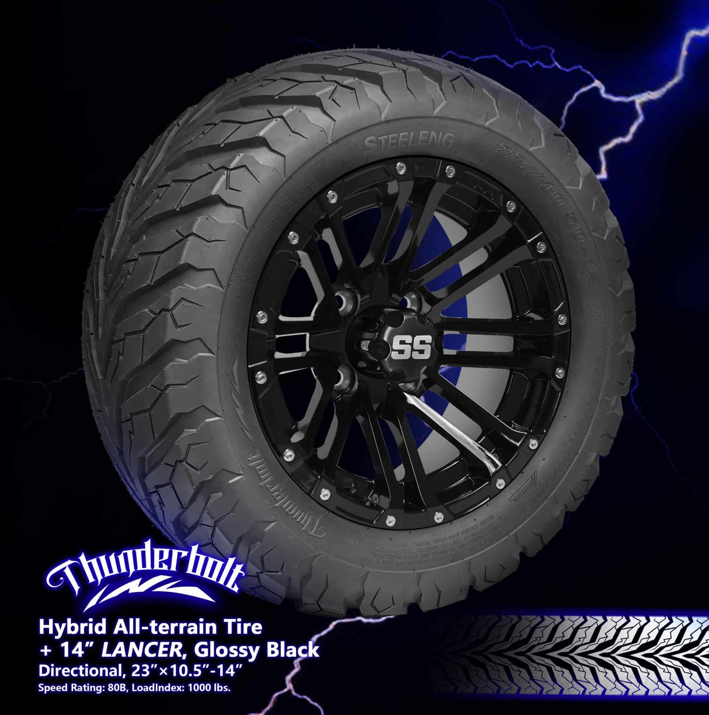 BNDL-TR1407-WH1425-LN0002-CC0002 – SGC 14″ Lancer Glossy Black Wheel – Aluminum Alloy / STEELENG 23″x10.5″-14″ Thunder Bolt Hybrid Tire