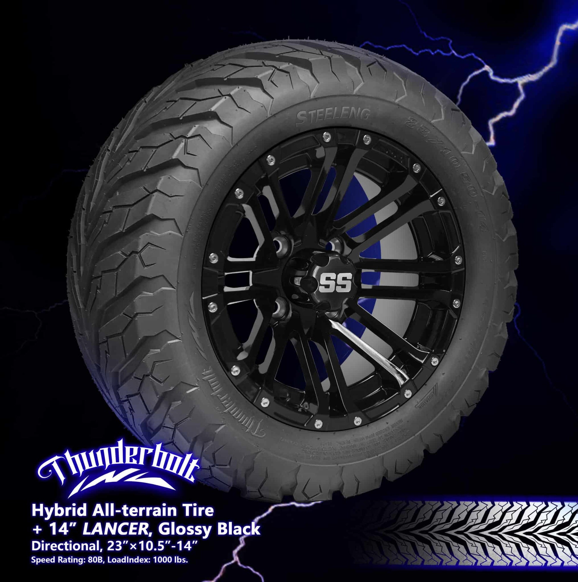 BNDL-TR1407-WH1425-LN0002-CC0002 – SGC 14″ Lancer Glossy Black Wheel – Aluminum Alloy / STEELENG 23″x10.5″-14″ Thunder Bolt Hybrid Tire