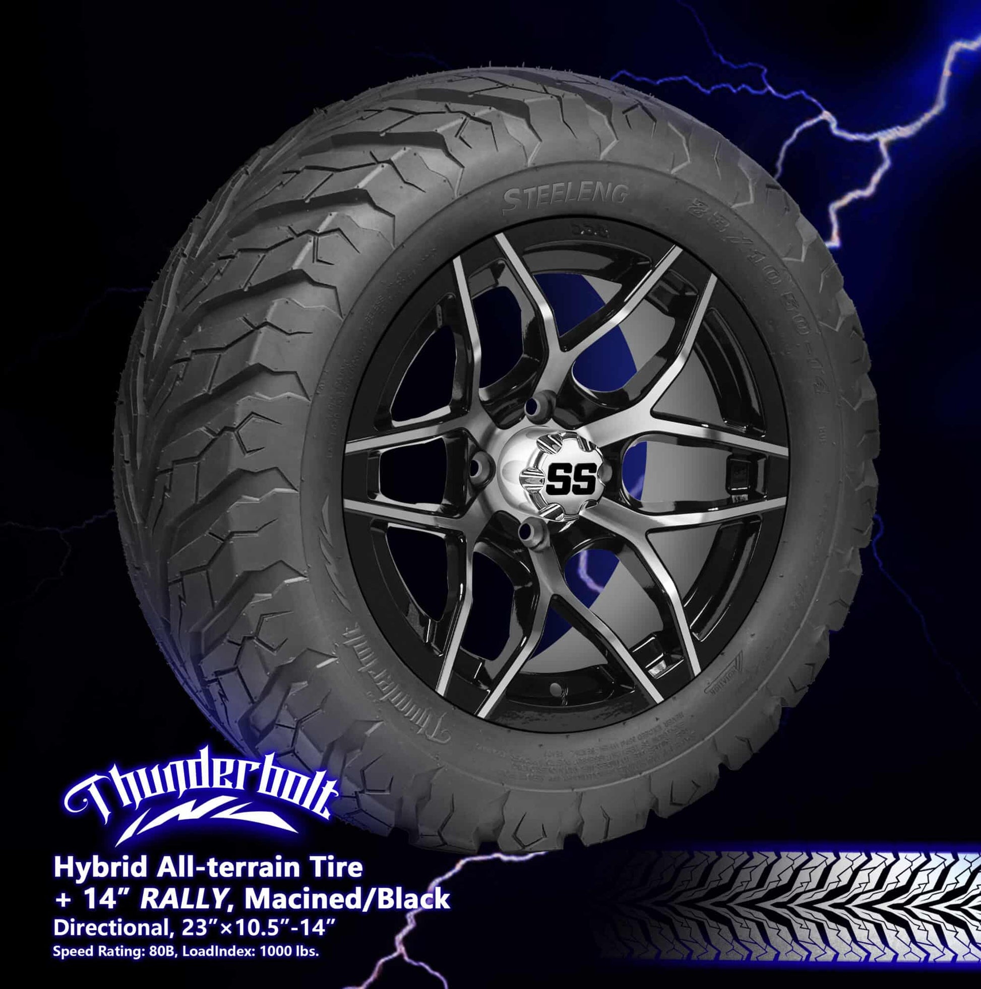 BNDL-TR1407-WH1426-LN0004-CC0001 – SGC 14″ Rally Machined/Black Wheel – Aluminum Alloy / STEELENG 23″x10.5″-14″ Thunder Bolt Hybrid Tire