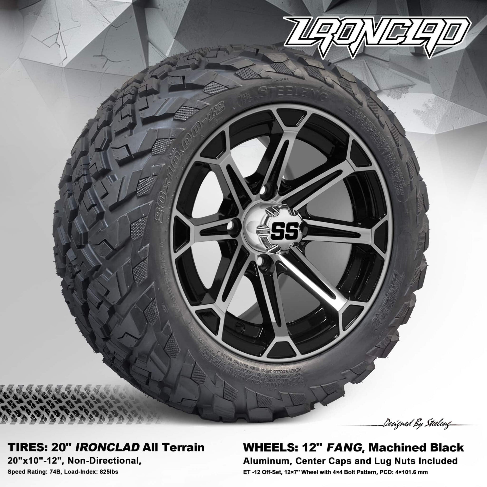 BNDL-TR1216-WH1204-LN0001-CC0001 – SGC 12″ Fang Machined/Black Wheel – Aluminum Alloy / STEELENG 20″x10″-12″ Ironclad Hybrid AT Tire