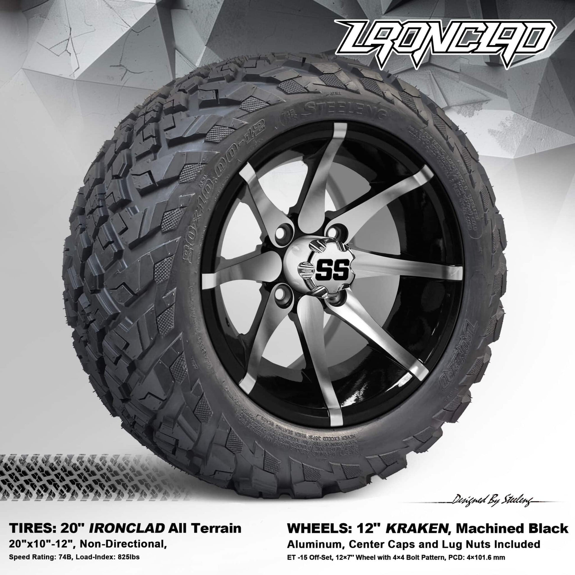 BNDL-TR1216-WH1212-LN0001-CC0001 – SGC 12" Kraken Machined/Black Wheel – Aluminum Alloy / STEELENG 20"x10"-12" Ironclad Hybrid AT Tire