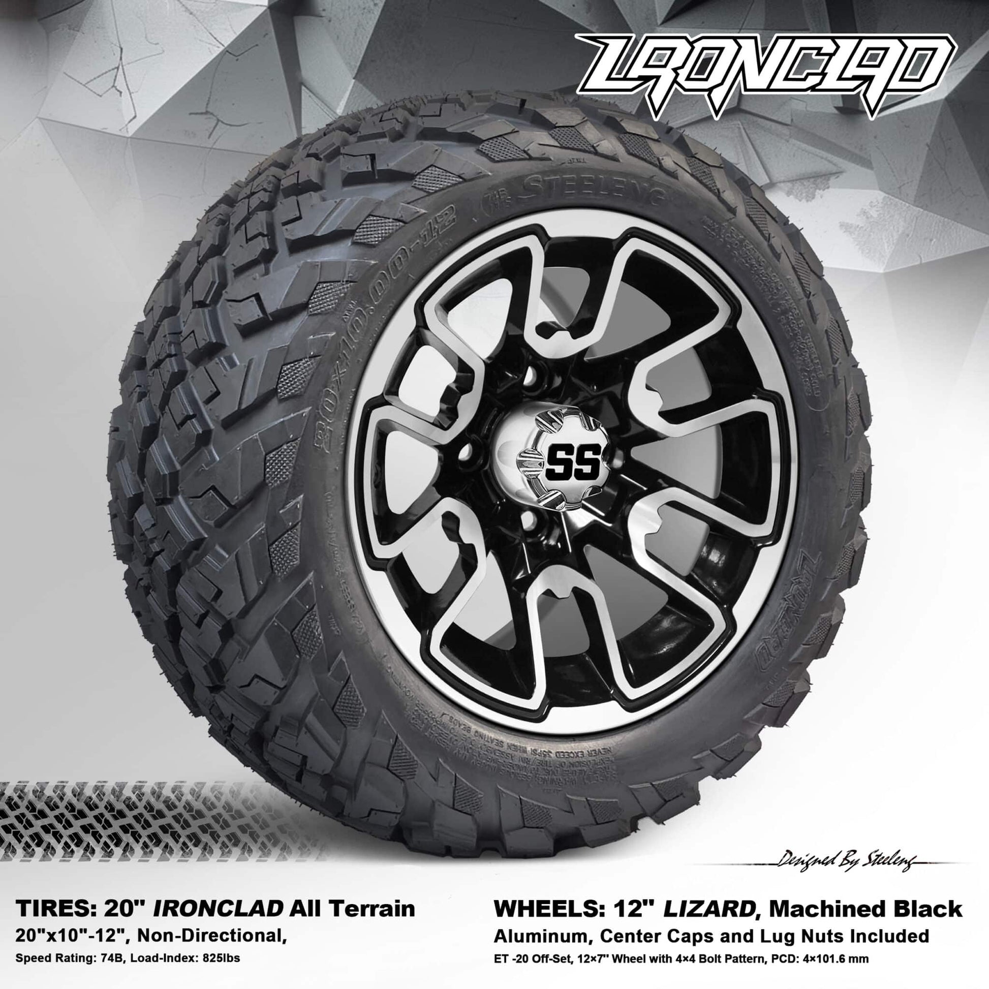 BNDL-TR1216-WH1215-LN0001-CC0001 – SGC 12″ Lizard Machined/Black Wheel – Aluminum Alloy / STEELENG 20″x10″-12″ Ironclad Hybrid AT Tire