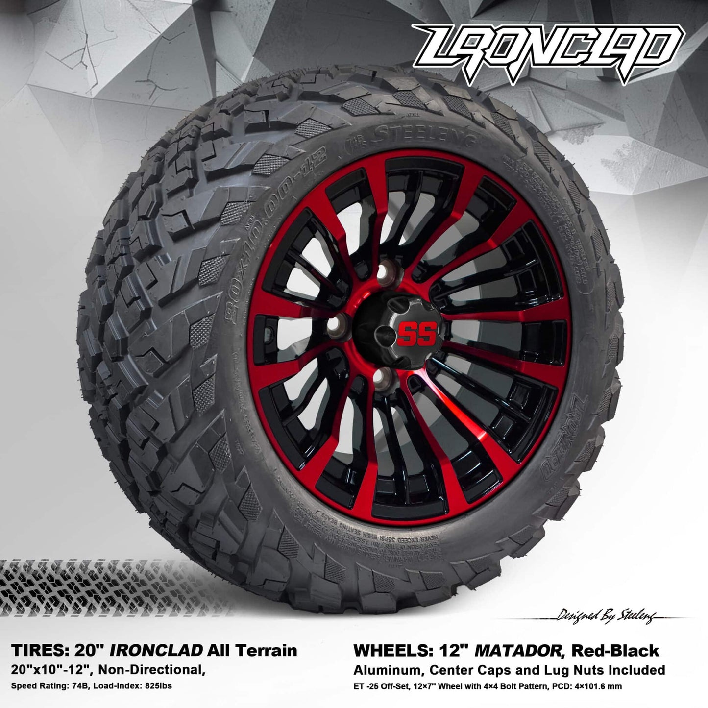 BNDL-TR1216-WH1220-LN0002-CC0005 – SGC 12″ Matador Red/Black Wheel – Aluminum Alloy / STEELENG 20″x10″-12″ Ironclad Hybrid AT Tire