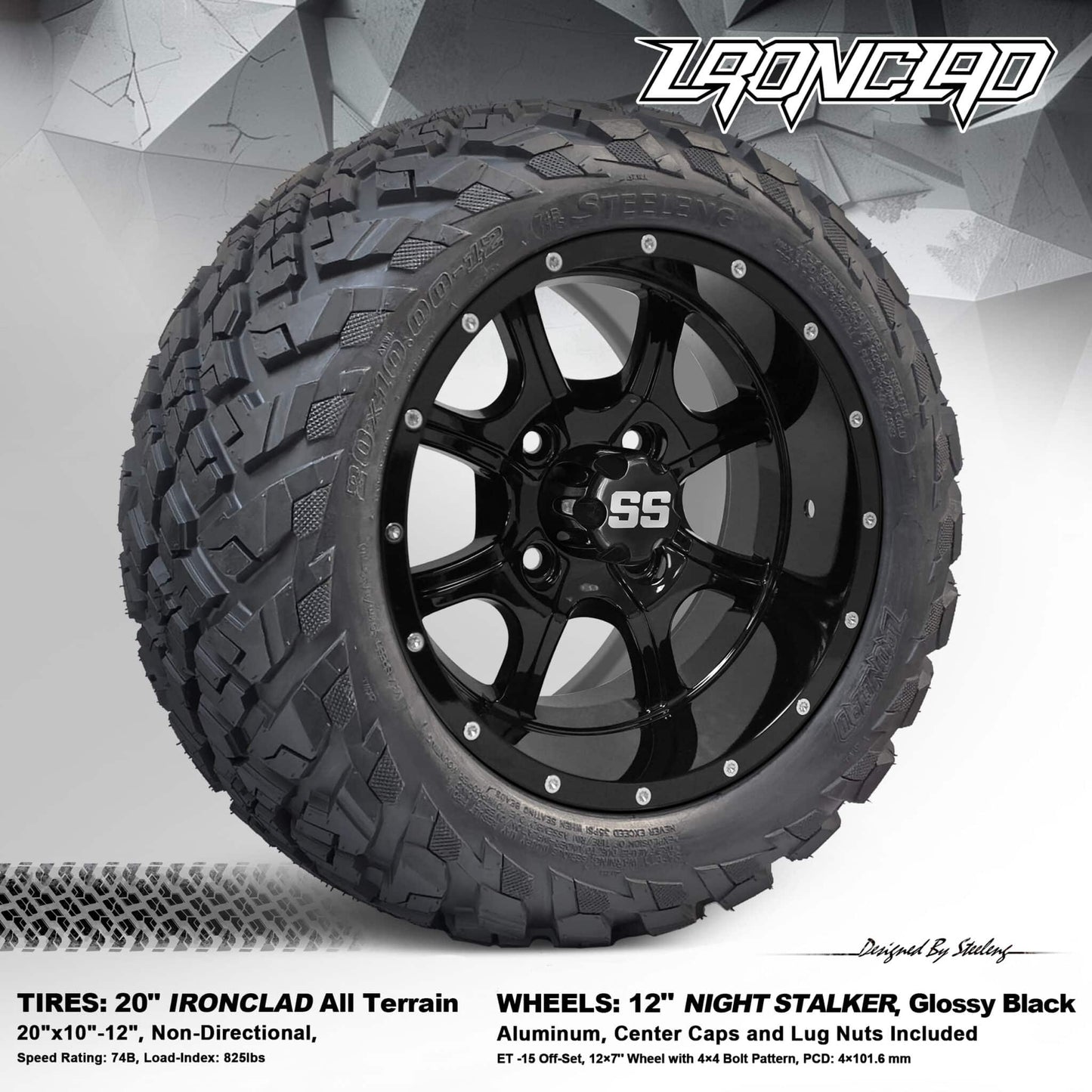 BNDL-TR1216-WH1221-LN0002-CC0002 – SGC 12″ Nightstalker Glossy Black Wheel – Aluminum Alloy / STEELENG 20″x10″-12″ Ironclad Hybrid AT Tire