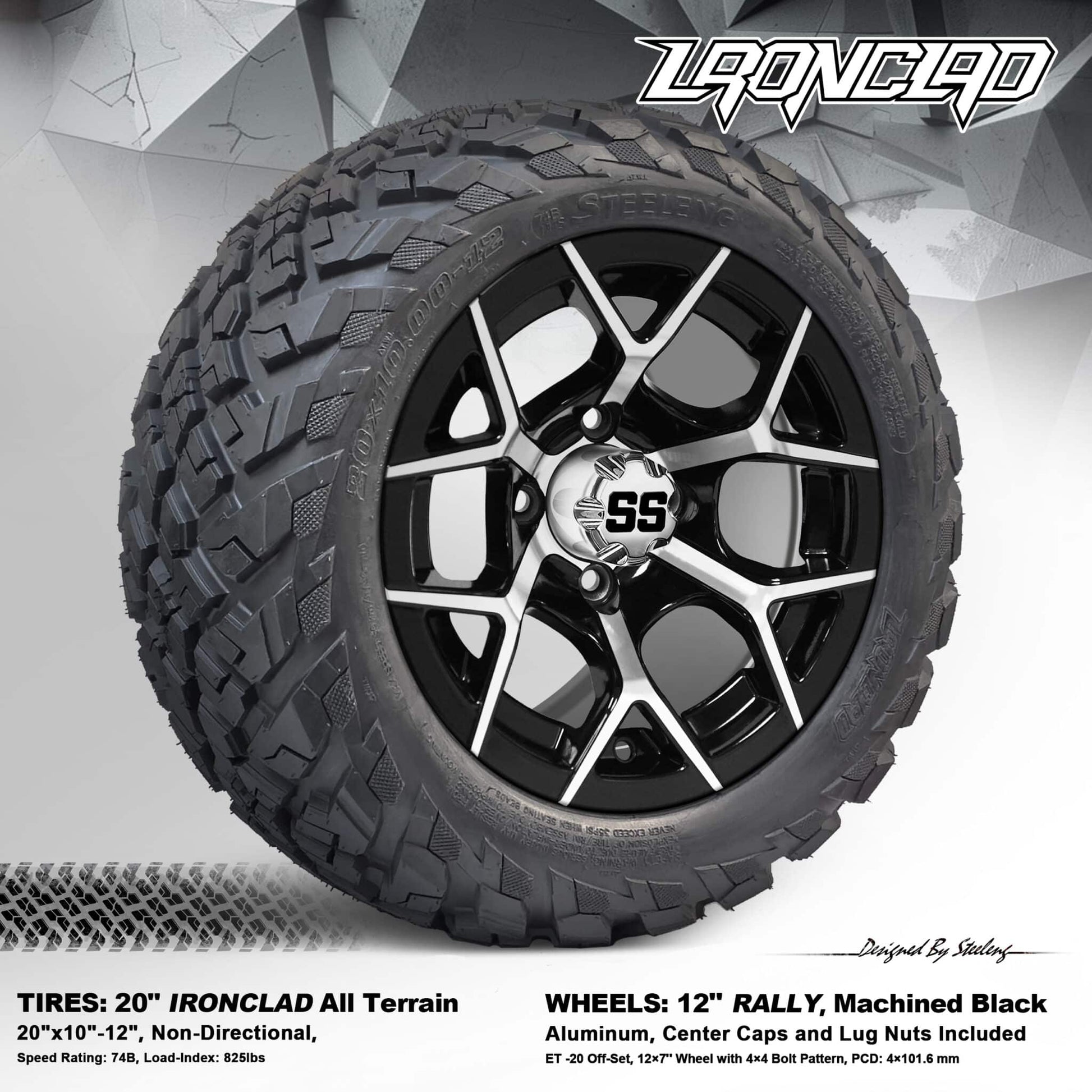BNDL-TR1216-WH1226-LN0001-CC0001 – SGC 12″ Rally Machined/Black Wheel – Aluminum Alloy / STEELENG 20″x10″-12″ Ironclad Hybrid AT Tire