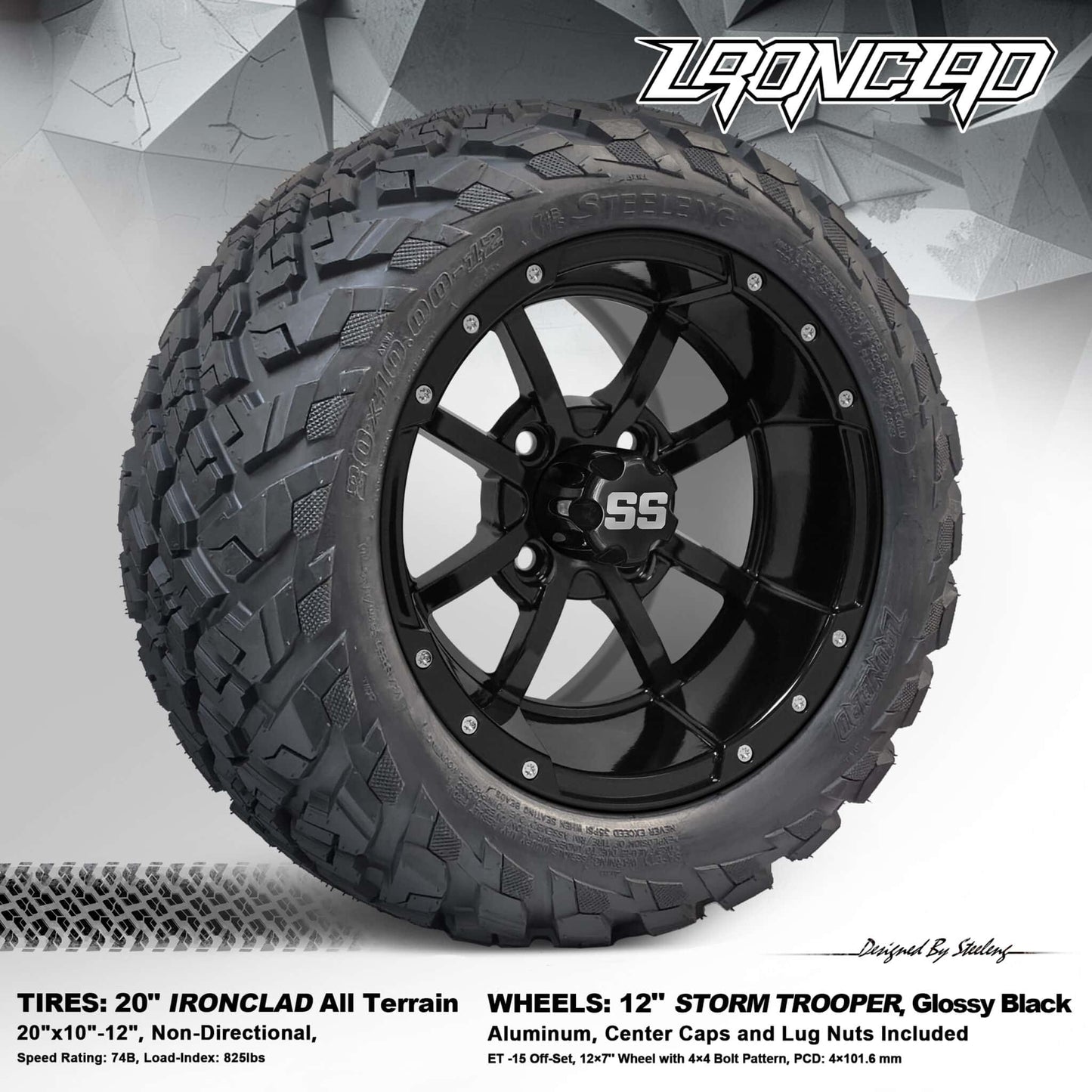 BNDL-TR1216-WH1230-LN0002-CC0002 – SGC 12″ Storm Trooper Glossy Black Wheel – Aluminum Alloy / STEELENG 20″x10″-12″ Ironclad Hybrid AT Tire