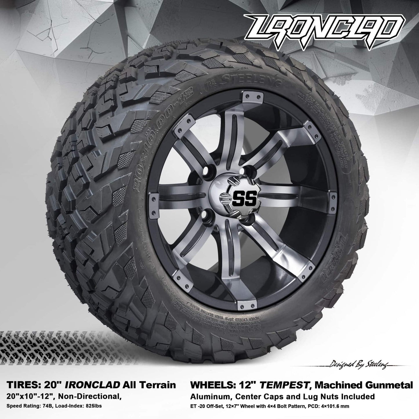 BNDL-TR1216-WH1233-LN0001-CC0001 – SGC 12″ Tempest Gunmetal Wheel – Aluminum Alloy / STEELENG 20″x10″-12″ Ironclad Hybrid AT Tire