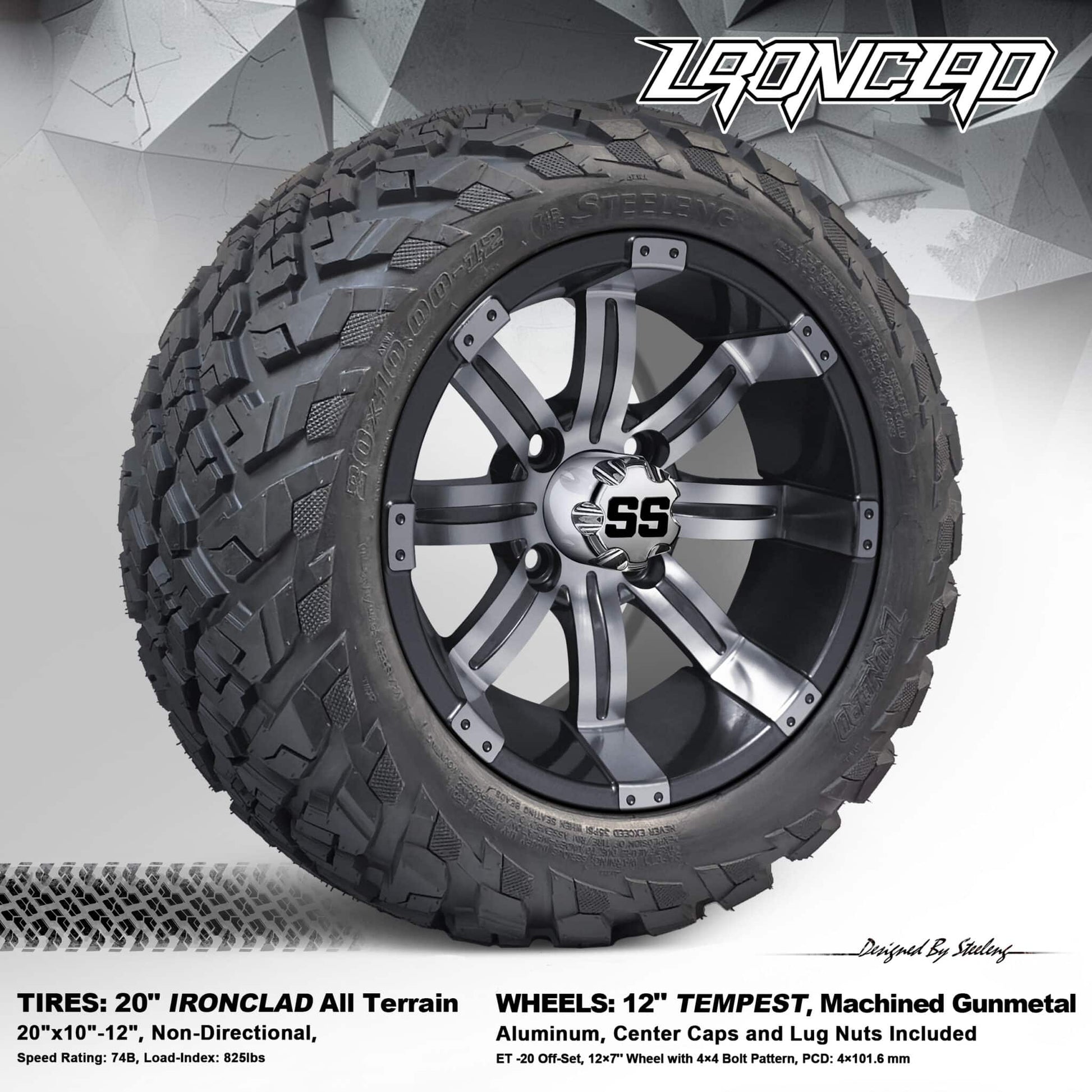 BNDL-TR1216-WH1233-LN0001-CC0001 – SGC 12″ Tempest Gunmetal Wheel – Aluminum Alloy / STEELENG 20″x10″-12″ Ironclad Hybrid AT Tire