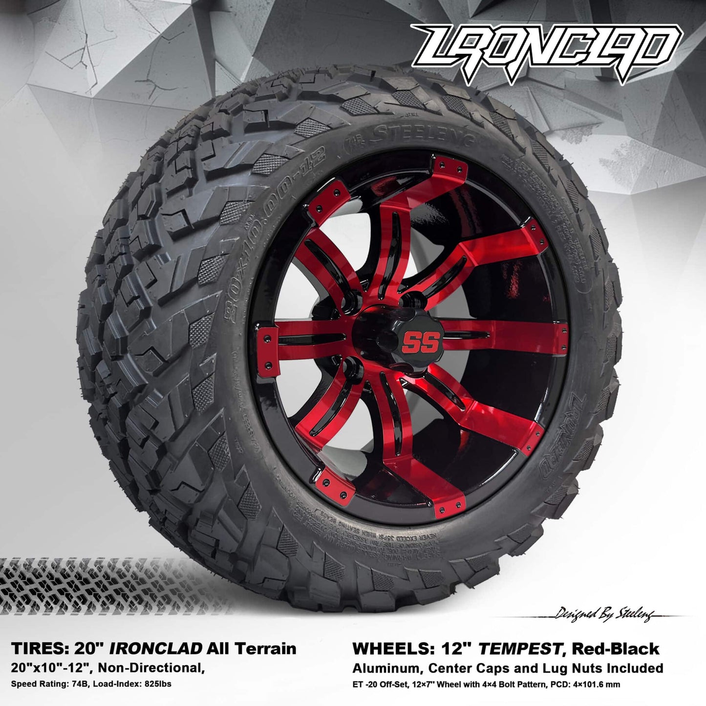 BNDL-TR1216-WH1235-LN0002-CC0005 – SGC 12″ Tempest Red/Black Wheel – Aluminum Alloy / STEELENG 20″x10″-12″ Ironclad Hybrid AT Tire