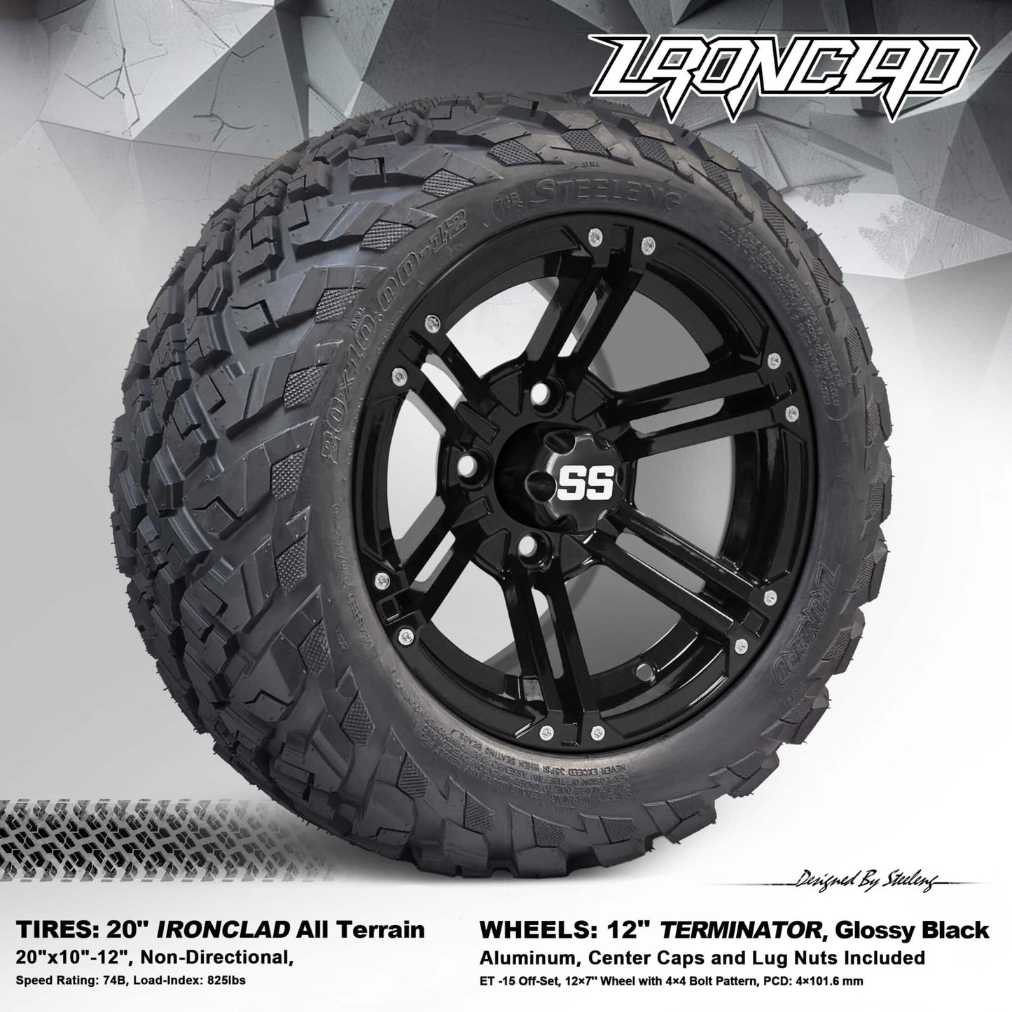 BNDL-TR1216-WH1236-LN0002-CC0002 – SGC 12" Terminator Glossy Black Wheel – Aluminum Alloy / STEELENG 20"x10"-12" Ironclad Hybrid AT Tire