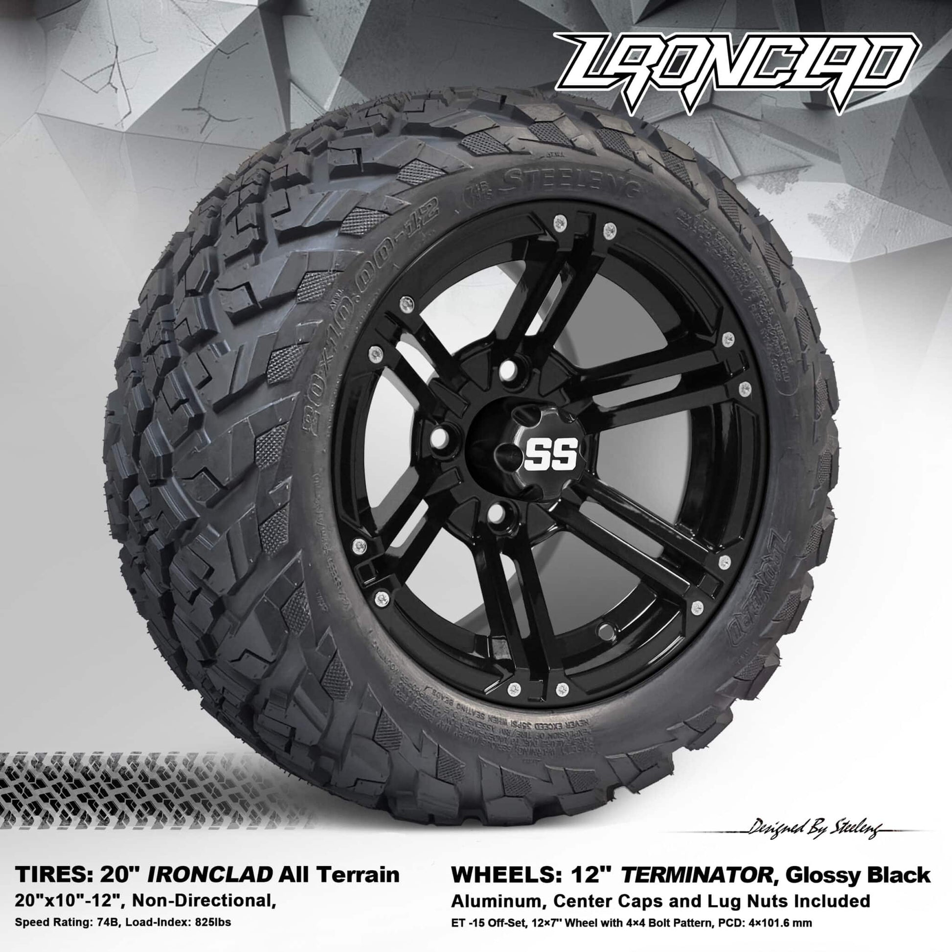 BNDL-TR1216-WH1236-LN0002-CC0002 – SGC 12" Terminator Glossy Black Wheel – Aluminum Alloy / STEELENG 20"x10"-12" Ironclad Hybrid AT Tire