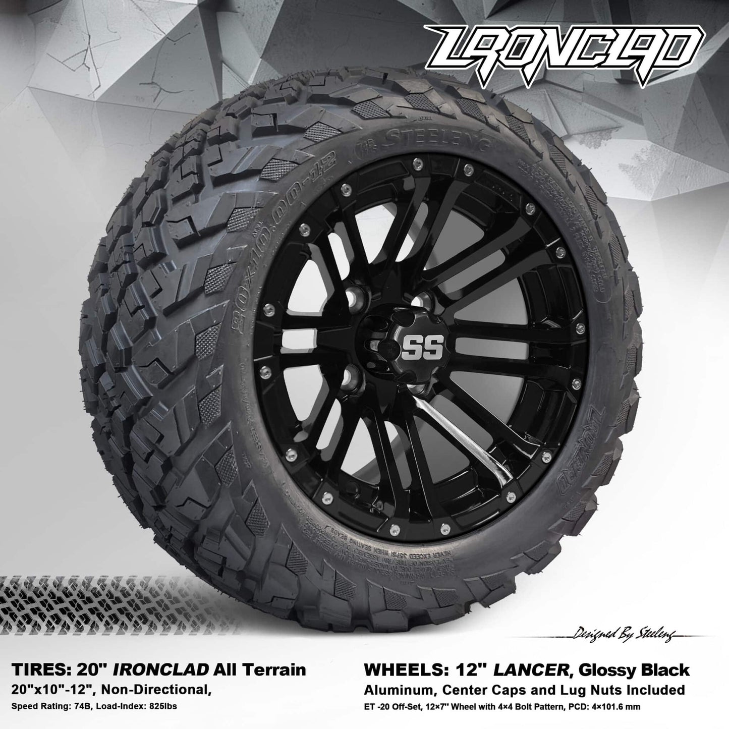 BNDL-TR1216-WH1255-LN0002-CC0002 – SGC 12″ Lancer Glossy Black Wheel – Aluminum Alloy / STEELENG 20″x10″-12″ Ironclad Hybrid AT Tire