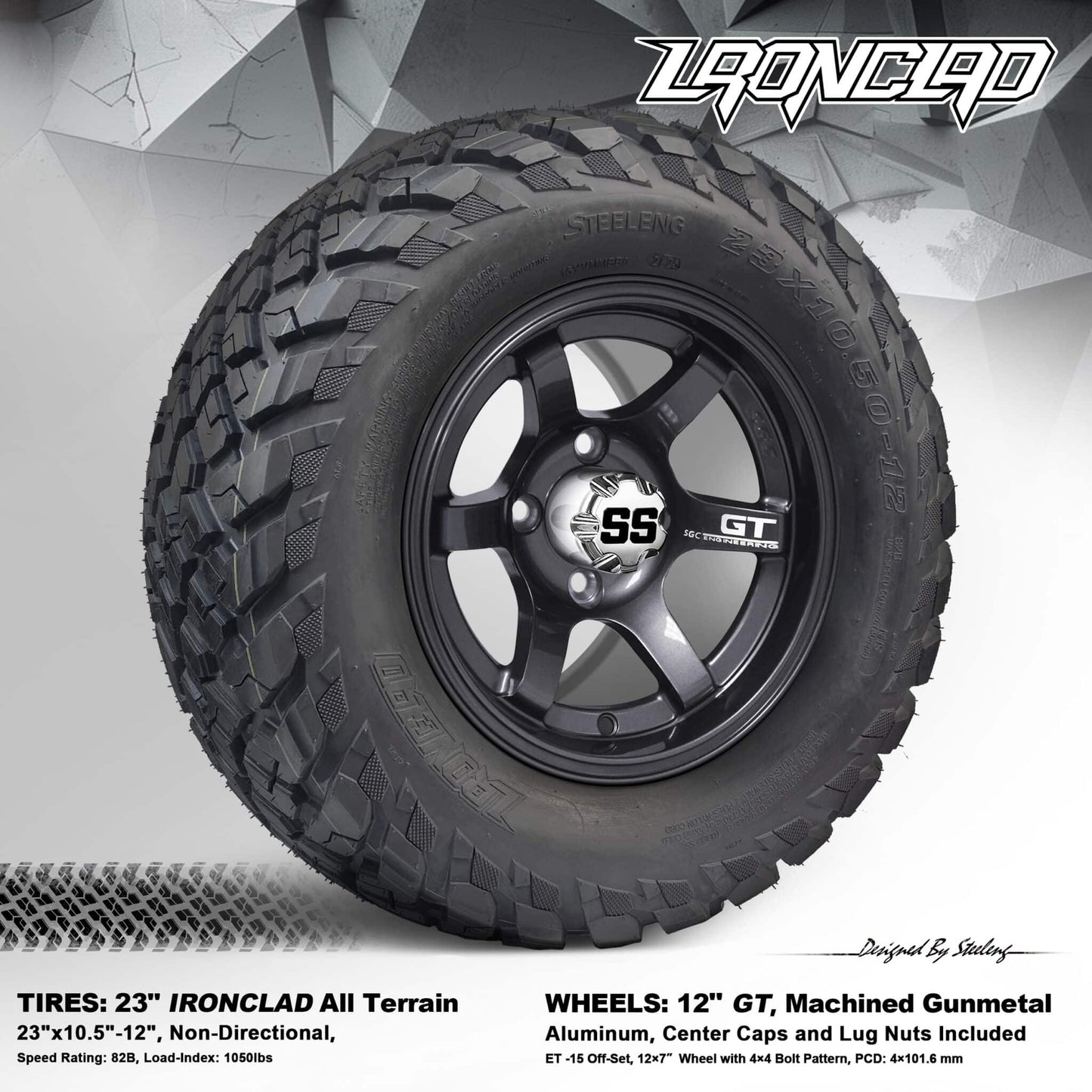 BNDL-TR1217-WH1211-LN0002-CC0002 – SGC 12" GT Gunmetal Wheel – Aluminum Alloy / STEELENG 23"x10.5"-12" Ironclad Hybrid AT Tire