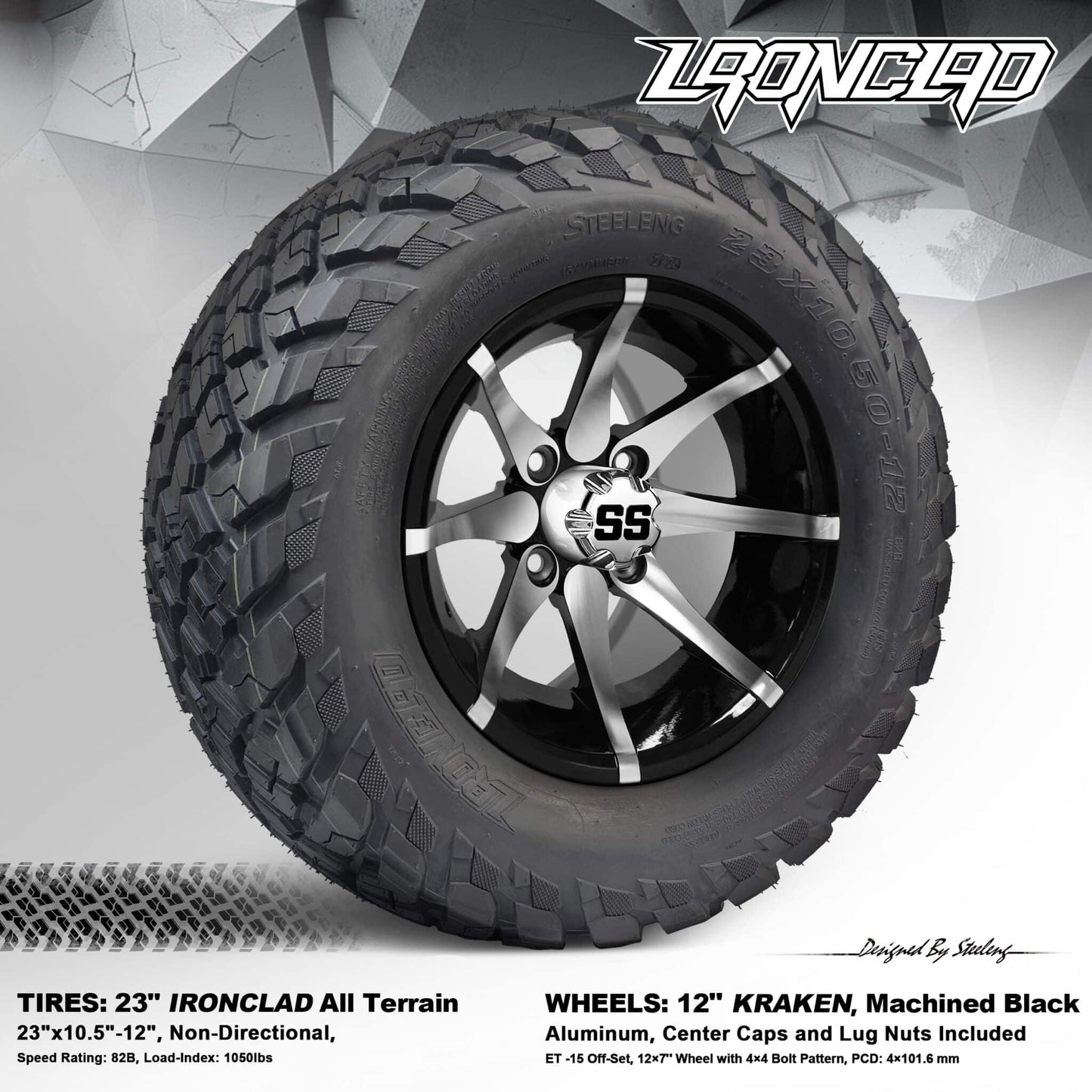 BNDL-TR1217-WH1212-LN0001-CC0001 – SGC 12" Kraken Machined/Black Wheel – Aluminum Alloy / STEELENG 23"x10.5"-12" Ironclad Hybrid AT Tire