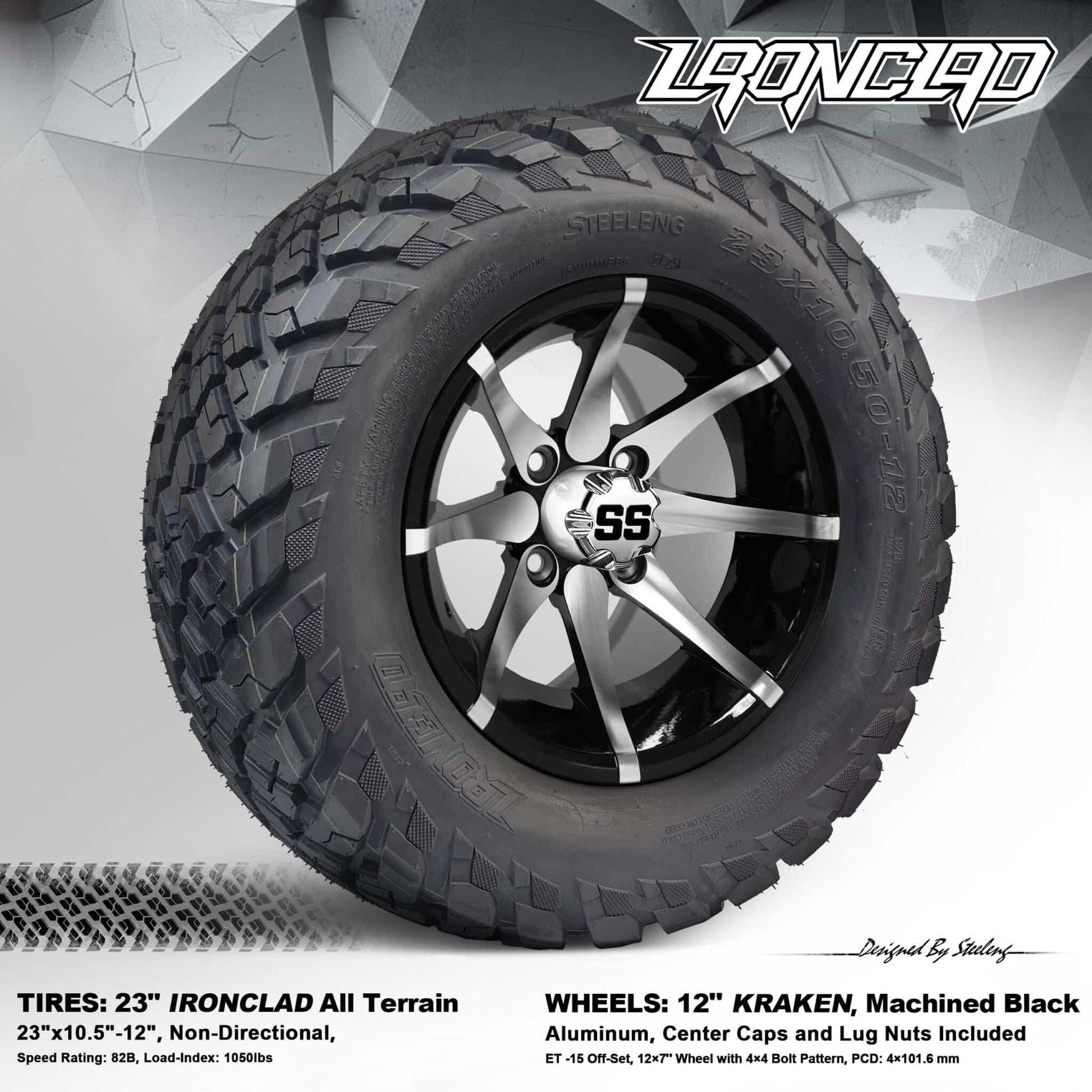 BNDL-TR1217-WH1212-LN0001-CC0001 – SGC 12" Kraken Machined/Black Wheel – Aluminum Alloy / STEELENG 23"x10.5"-12" Ironclad Hybrid AT Tire