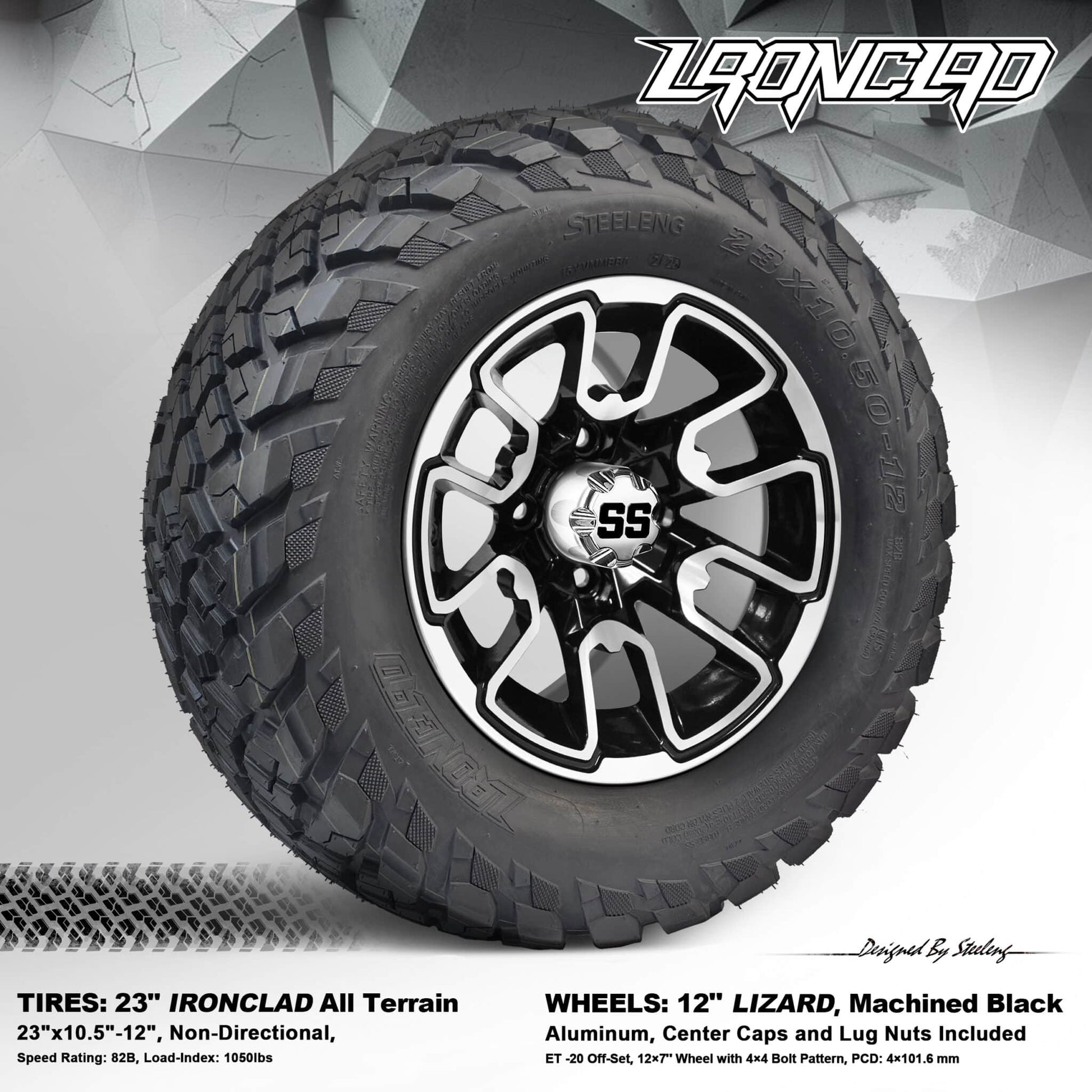 BNDL-TR1217-WH1215-LN0001-CC0001 – SGC 12″ Lizard Machined/Black Wheel – Aluminum Alloy / STEELENG 23″x10.5″-12″ Ironclad Hybrid AT Tire