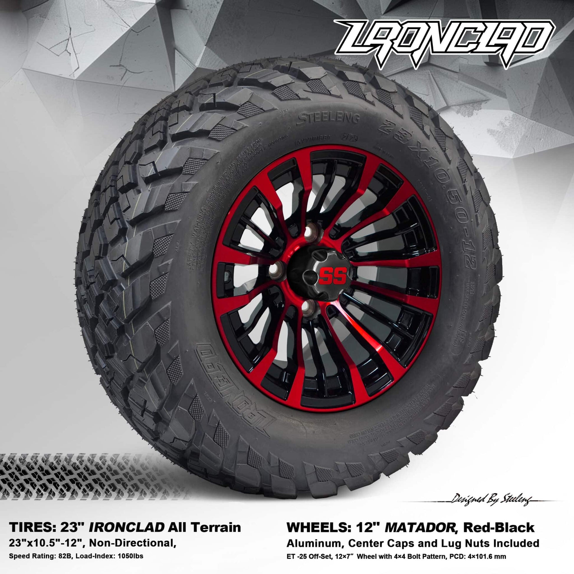 BNDL-TR1217-WH1220-LN0002-CC0005 – SGC 12" Matador Red/Black Wheel – Aluminum Alloy / STEELENG 23"x10.5"-12" Ironclad Hybrid AT Tire