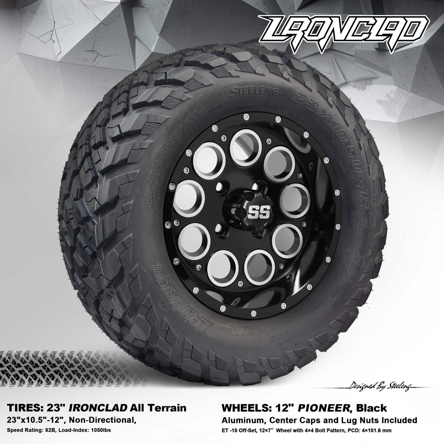 BNDL-TR1217-WH1224-LN0002-CC0002 – SGC 12″ Pioneer Glossy Black Wheel – Aluminum Alloy / STEELENG 23″x10.5″-12″ Ironclad Hybrid AT Tire