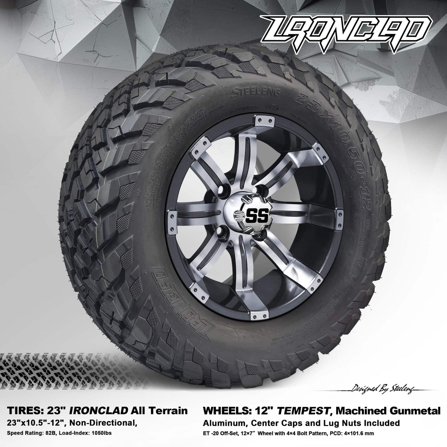 BNDL-TR1217-WH1233-LN0001-CC0001 – SGC 12″ Tempest Gunmetal Wheel – Aluminum Alloy / STEELENG 23″x10.5″-12″ Ironclad Hybrid AT Tire