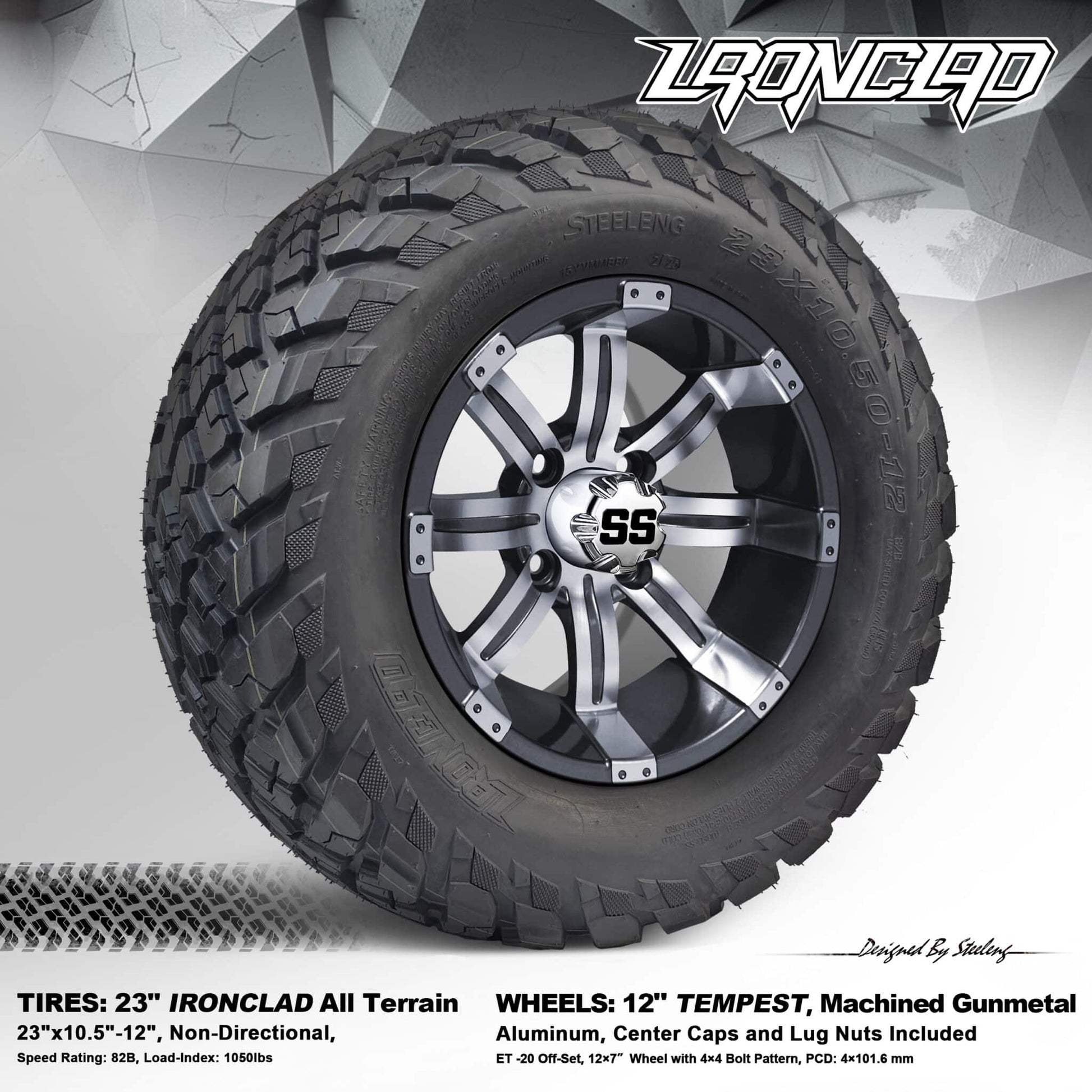 BNDL-TR1217-WH1233-LN0001-CC0001 – SGC 12″ Tempest Gunmetal Wheel – Aluminum Alloy / STEELENG 23″x10.5″-12″ Ironclad Hybrid AT Tire