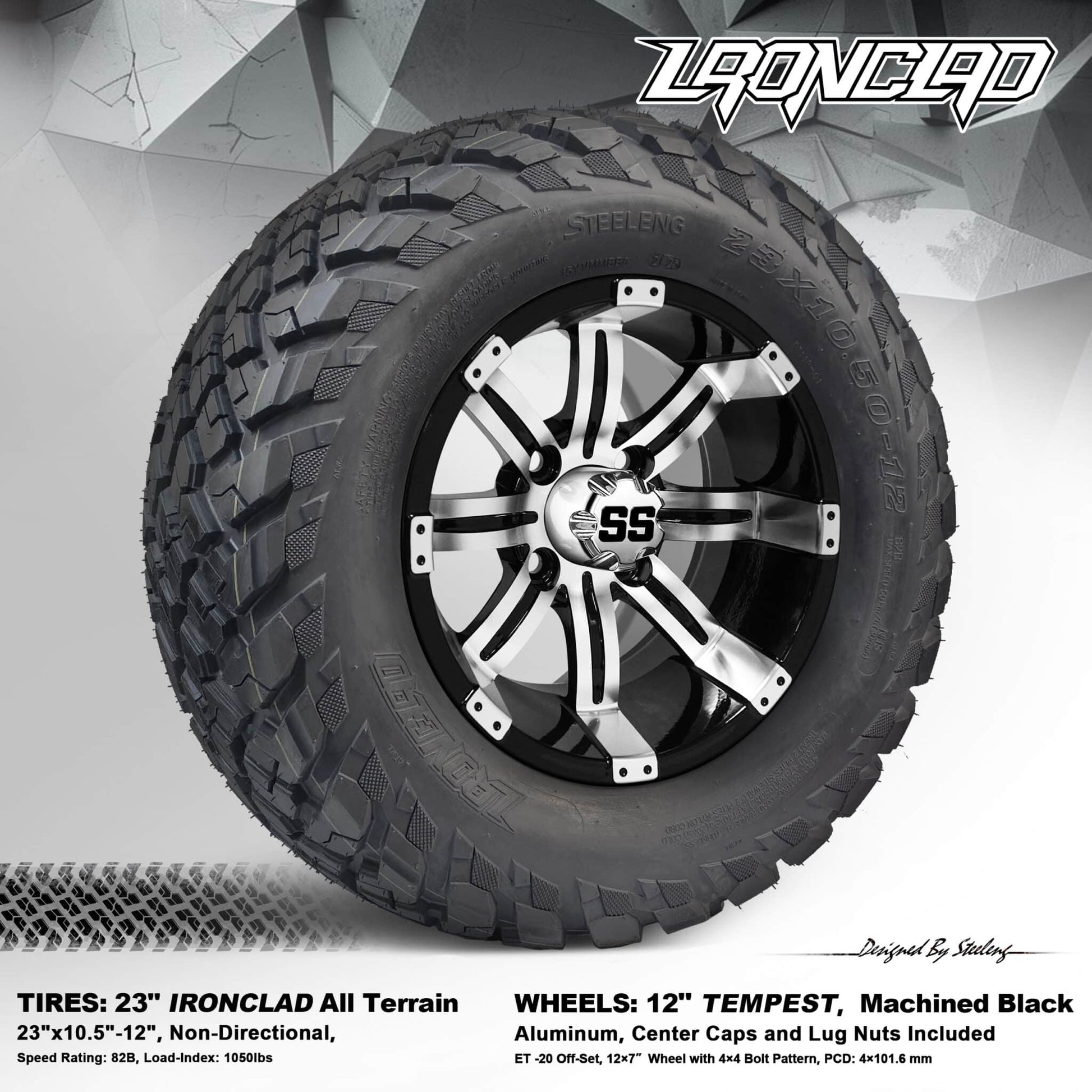 BNDL-TR1217-WH1234-LN0001-CC0001 – SGC 12″ Tempest Machined/Black Wheel – Aluminum Alloy / STEELENG 23″x10.5″-12″ Ironclad Hybrid AT Tire