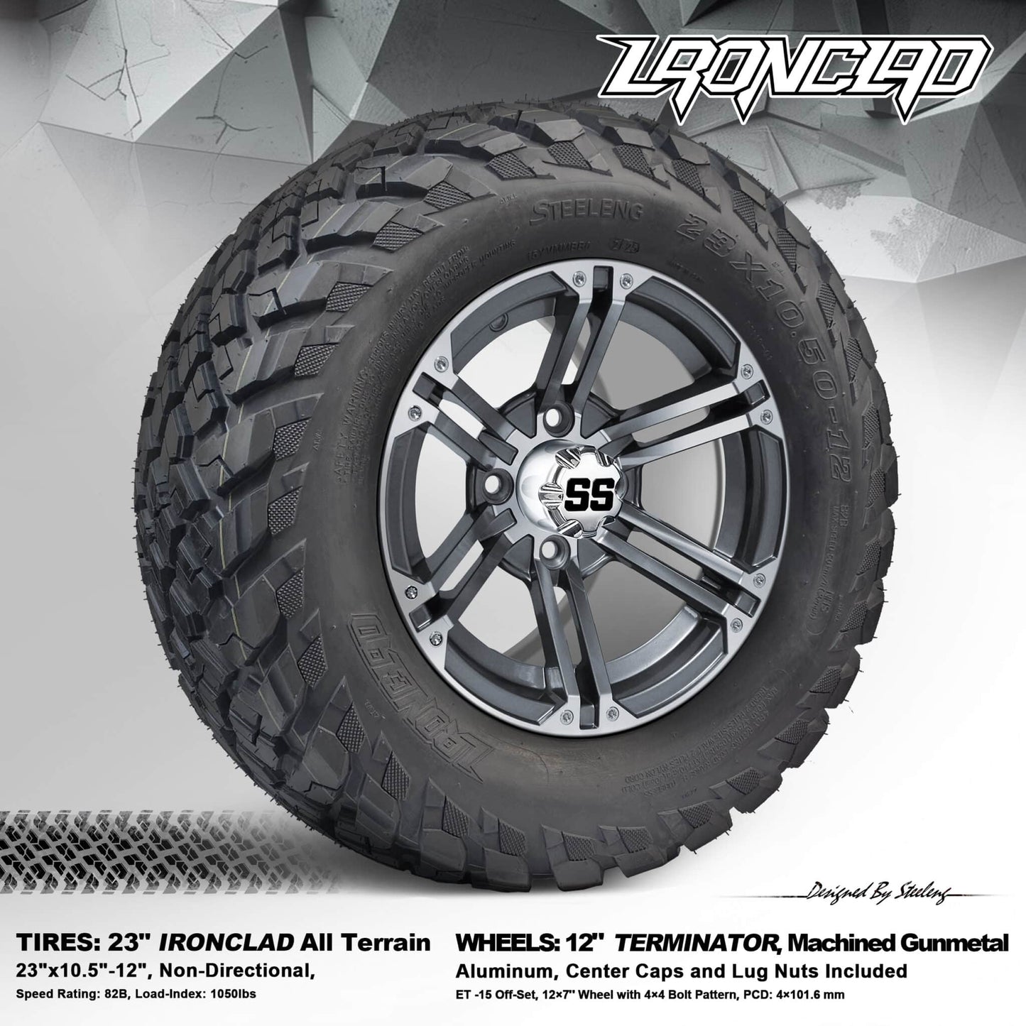 BNDL-TR1217-WH1238-LN0001-CC0001 – SGC 12" Terminator Gunmetal Wheel – Aluminum Alloy / STEELENG 23"x10.5"-12" Ironclad Hybrid AT Tire