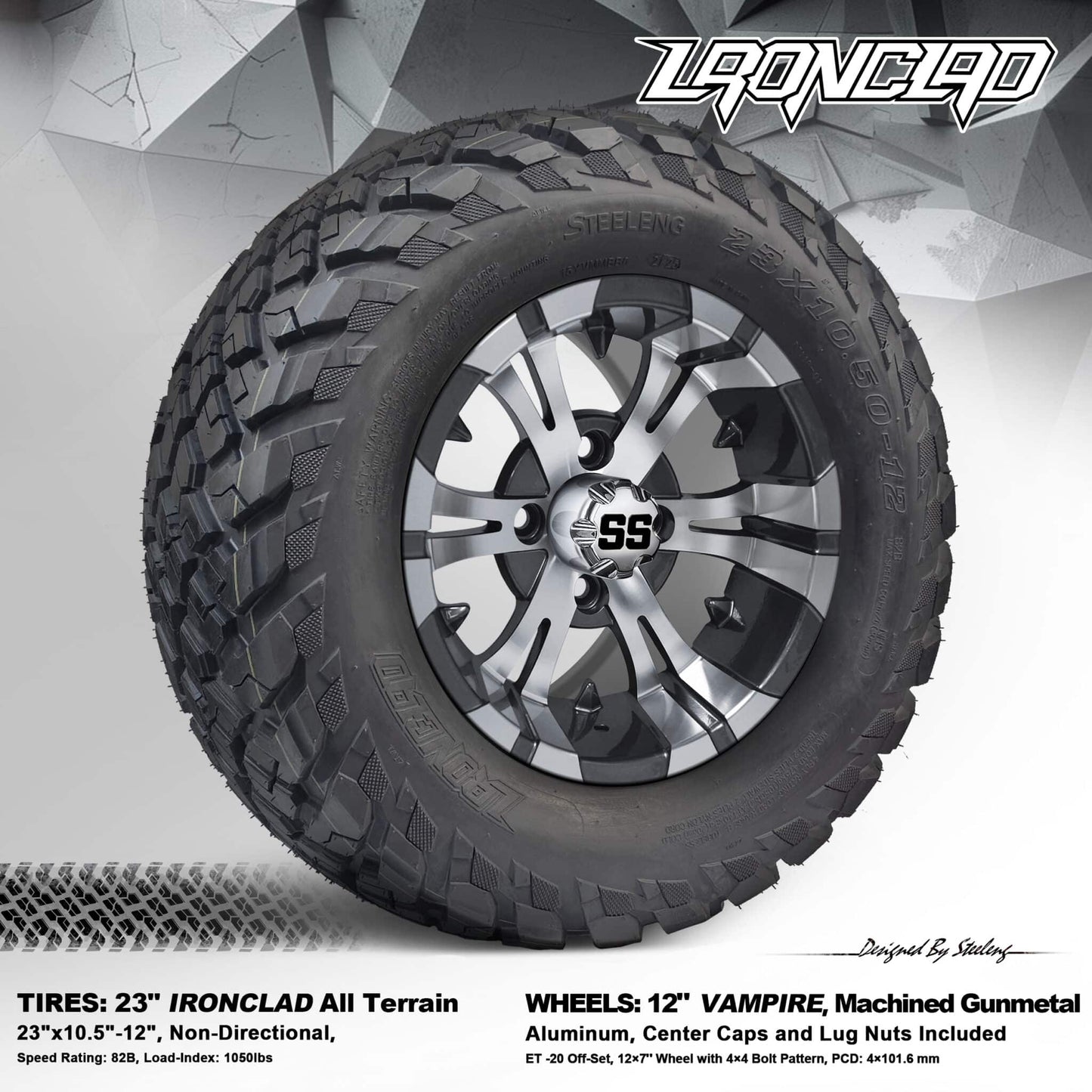 BNDL-TR1217-WH1244-LN0001-CC0001 – SGC 12″ Vampire Gunmetal Wheel – Aluminum Alloy / STEELENG 23″x10.5″-12″ Ironclad Hybrid AT Tire