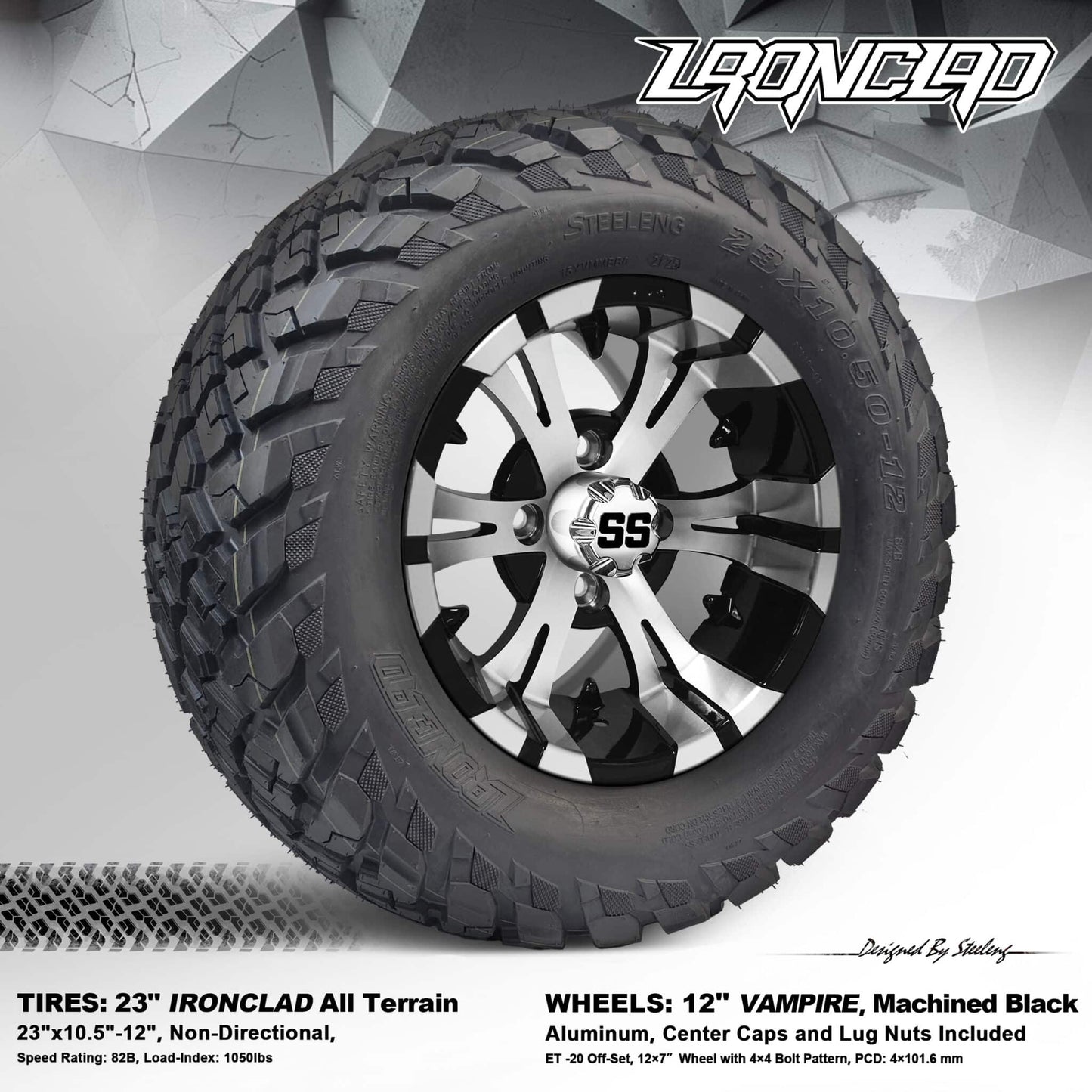 BNDL-TR1217-WH1245-LN0001-CC0001 – SGC 12" Vampire Machined/Black Wheel – Aluminum Alloy / STEELENG 23"x10.5"-12" Ironclad Hybrid AT Tire