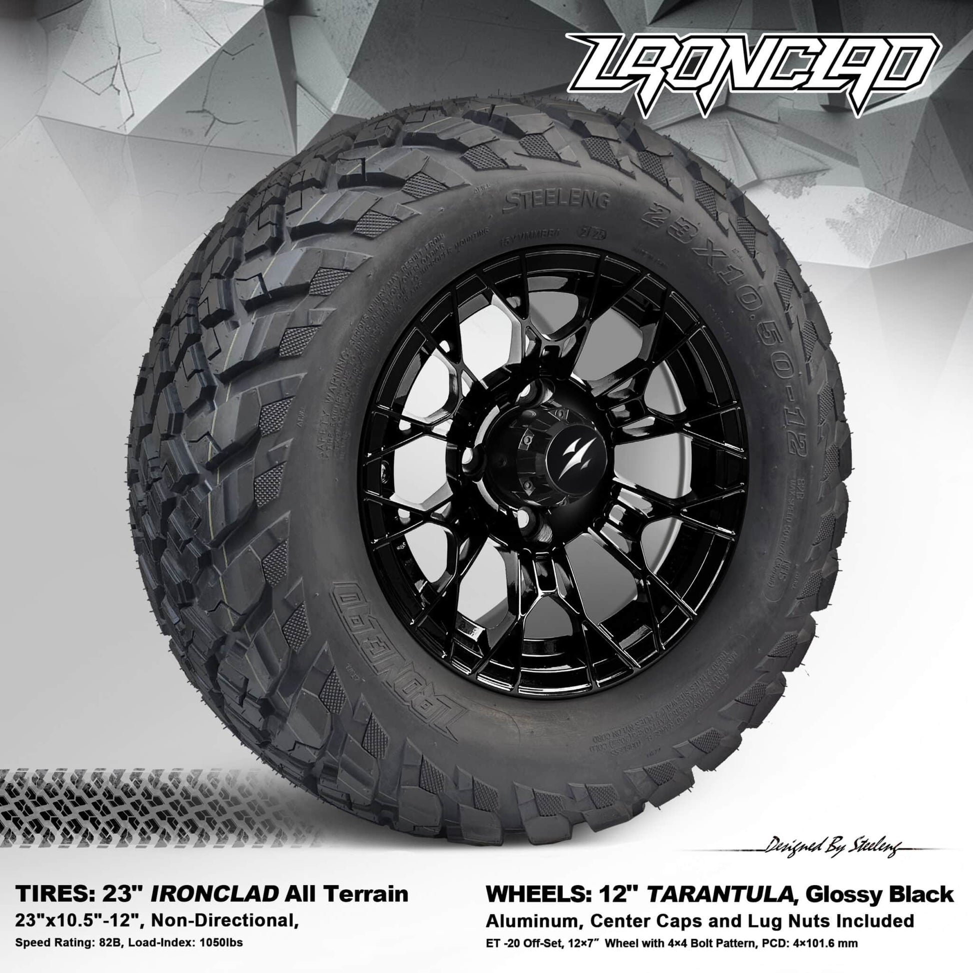 BNDL-TR1217-WH1274-LN0002-CC0027 – SGC 12″ Tarantula Glossy Black Wheel – Aluminum Alloy / STEELENG 23″x10.5″-12″ Ironclad Hybrid AT Tire