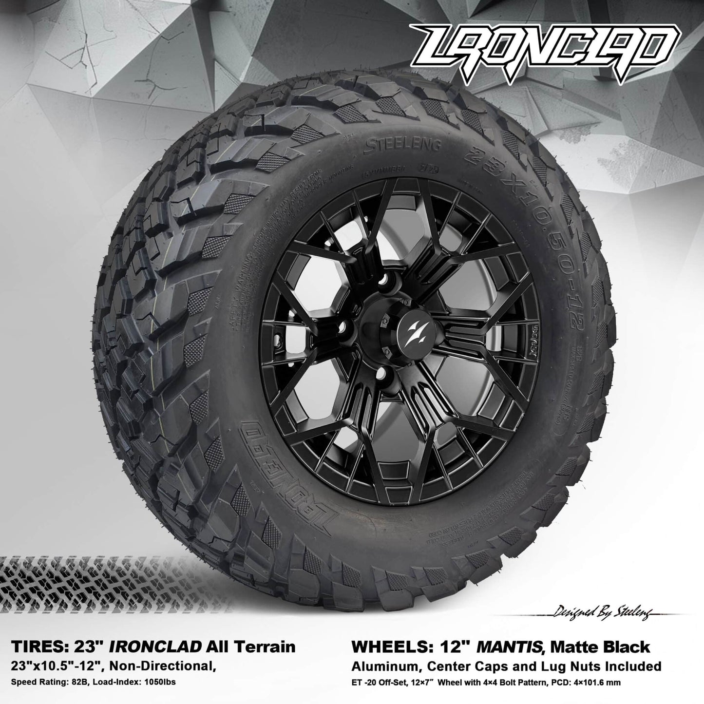 BNDL-TR1217-WH1276-LN0003-CC0024 – SGC 12″ Tarantula Matte Black Wheel – Aluminum Alloy / STEELENG 23″x10.5″-12″ Ironclad Hybrid AT Tire