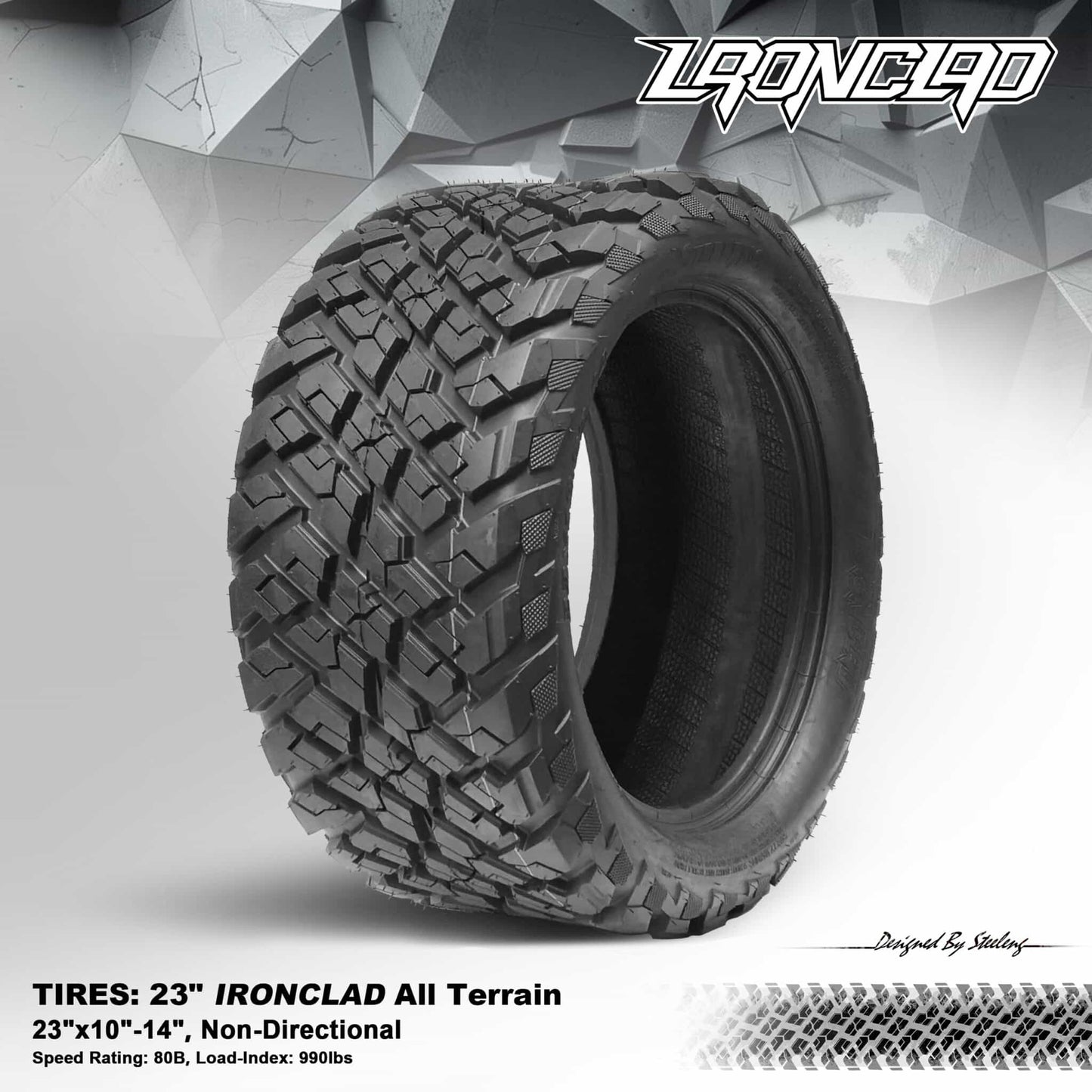 BNDL-TR1408-WH1466-LN0001-CC0025 – SGC 14″ Cheetah Machined Black Wheel – Aluminum Alloy / STEELENG 23”x10.5”-14” Ironclad Hybrid AT Tire