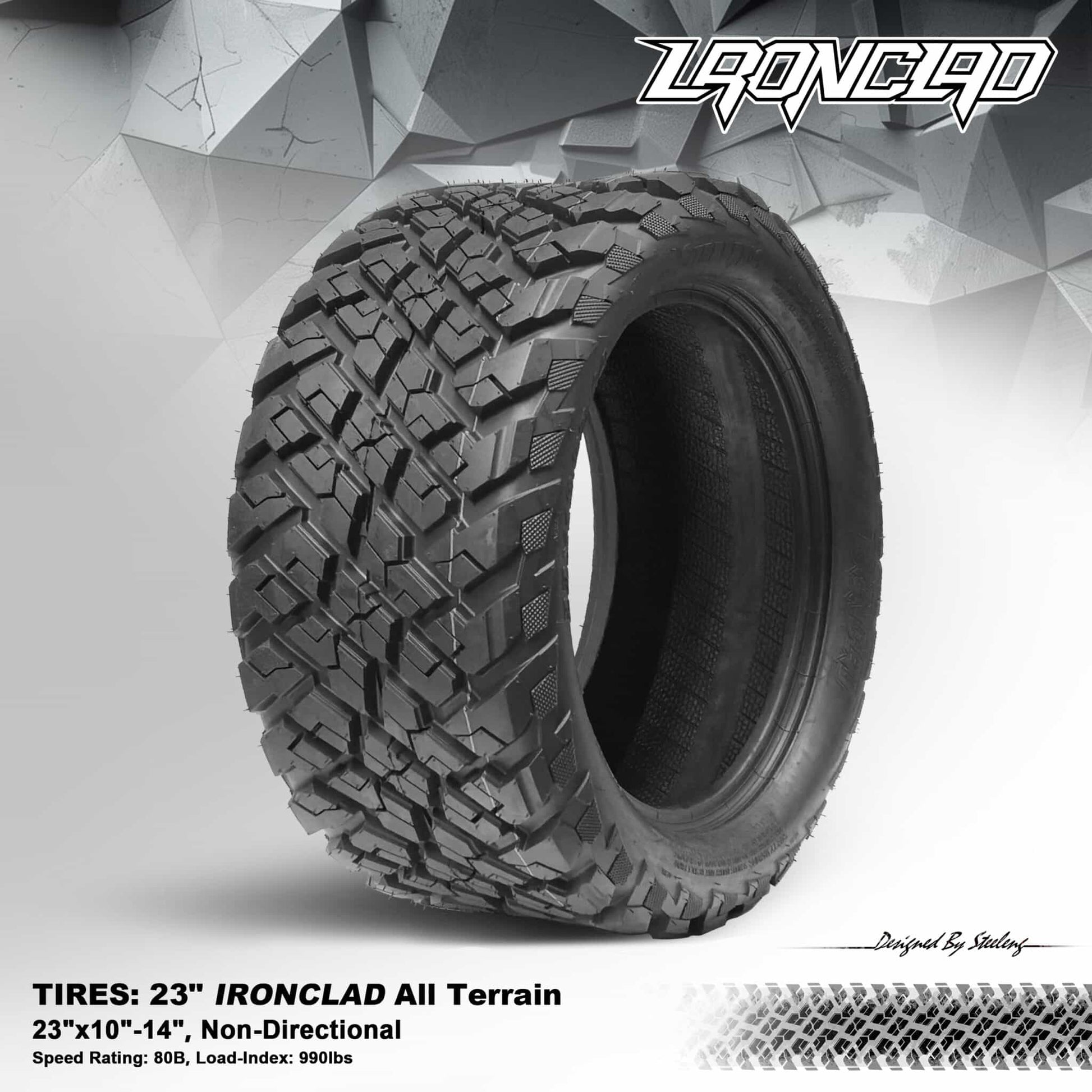 BNDL-TR1408-WH1451-LN0001-CC0025 – SGC 14″ Yeti Machined Black Wheel – Aluminum Alloy / STEELENG 23”x10.5”-14” Ironclad Hybrid AT Tire