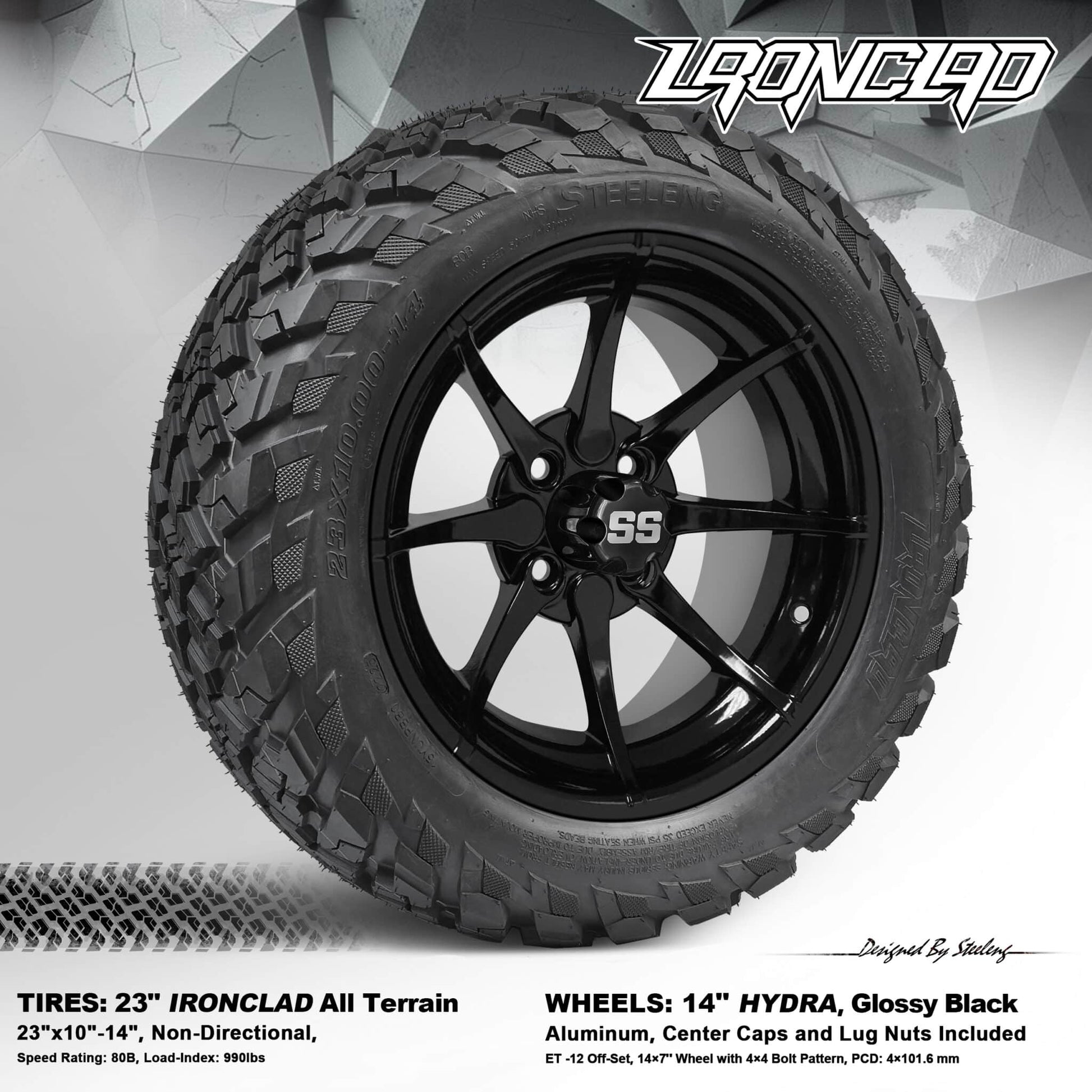 BNDL-TR1408-WH1401-LN0002-CC0002 – SGC 14″ Hydra Glossy Black Wheel – Aluminum Alloy / STEELENG 23″x10″-14″ Ironclad Hybrid AT Tire