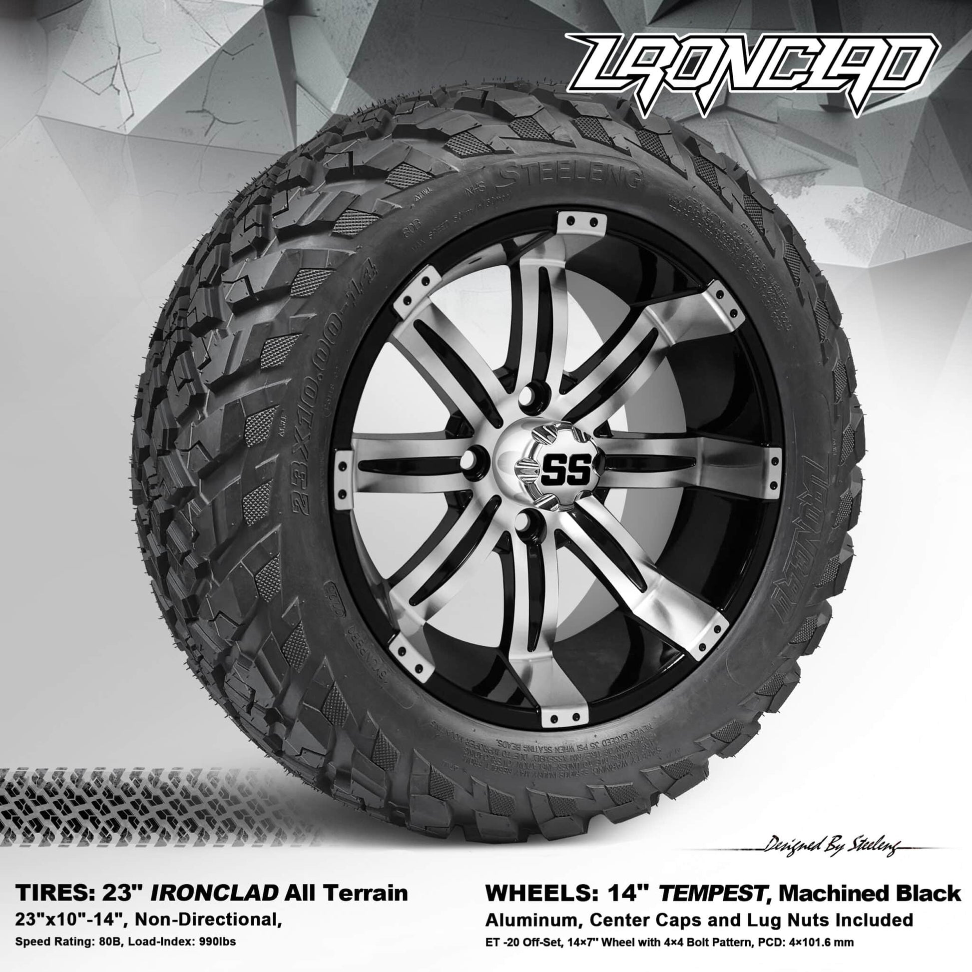 BNDL-TR1408-WH1406-LN0001-CC0001 – SGC 14″ Tempest Machined/Black Wheel – Aluminum Alloy / STEELENG 23″x10″-14″ Ironclad Hybrid AT Tire